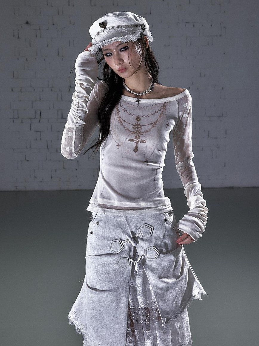 NO ROMANCE Baroque Flocked Wing Embroidered Polka Slim Women'S Long Sleeve T-Shirts