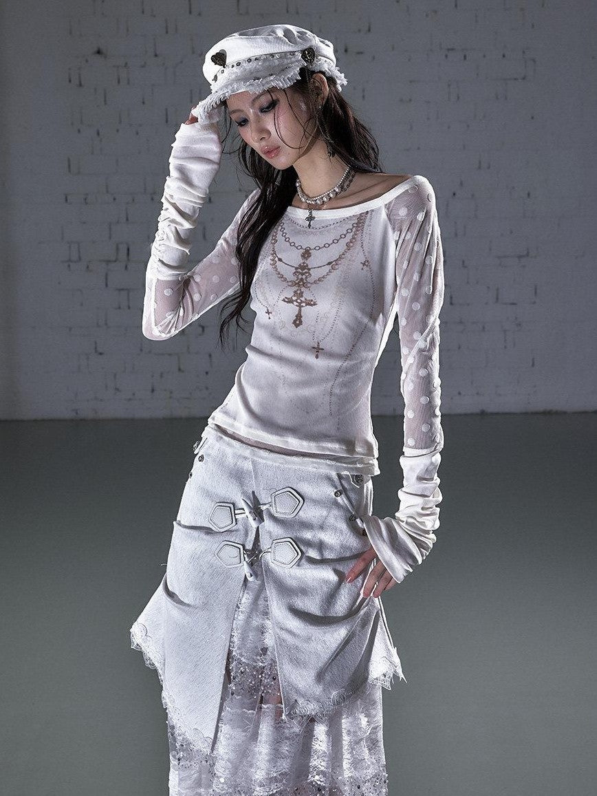 NO ROMANCE Baroque Flocked Wing Embroidered Polka Slim Women'S Long Sleeve T-Shirts