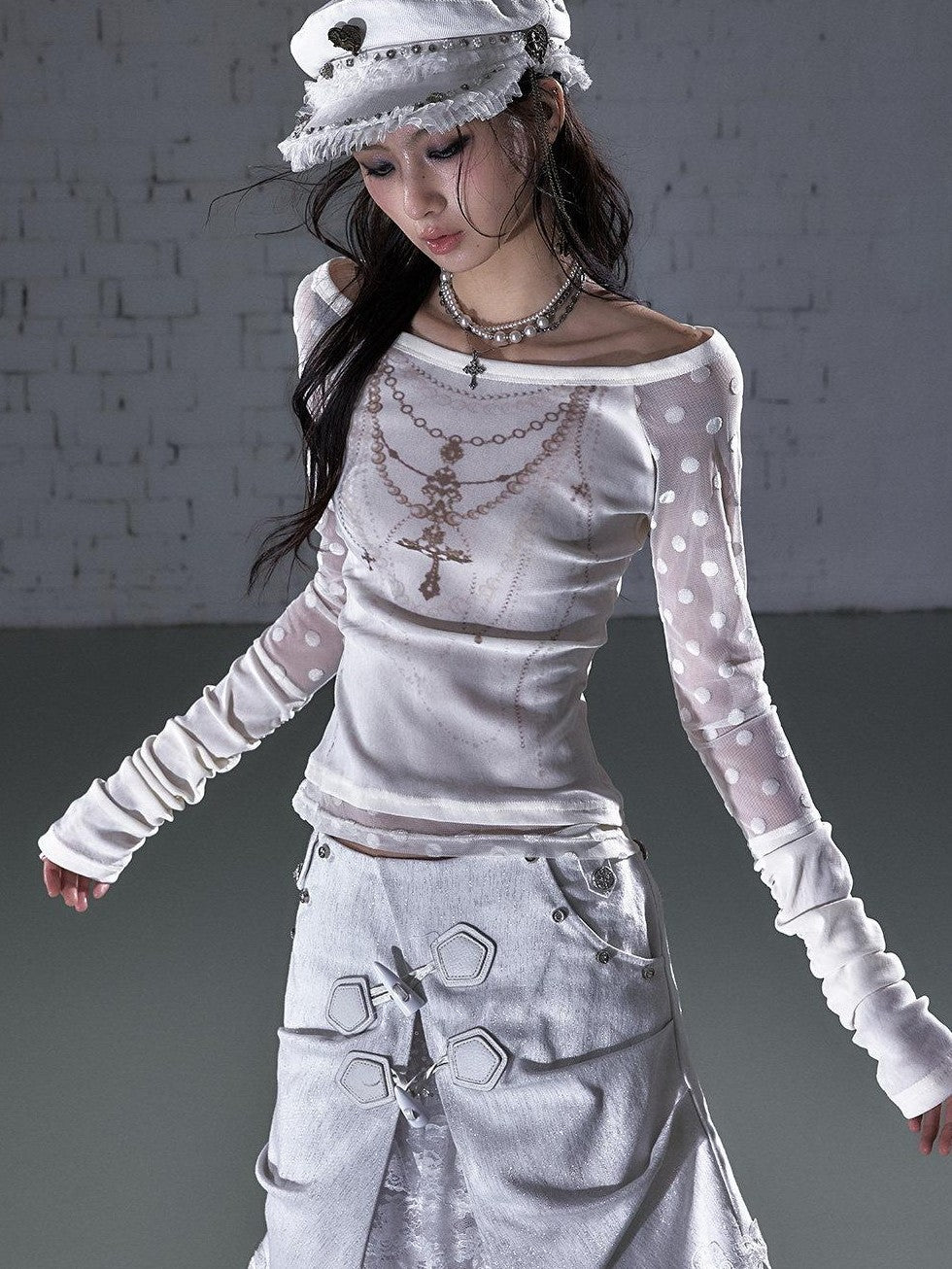 NO ROMANCE Baroque Flocked Wing Embroidered Polka Slim Women'S Long Sleeve T-Shirts