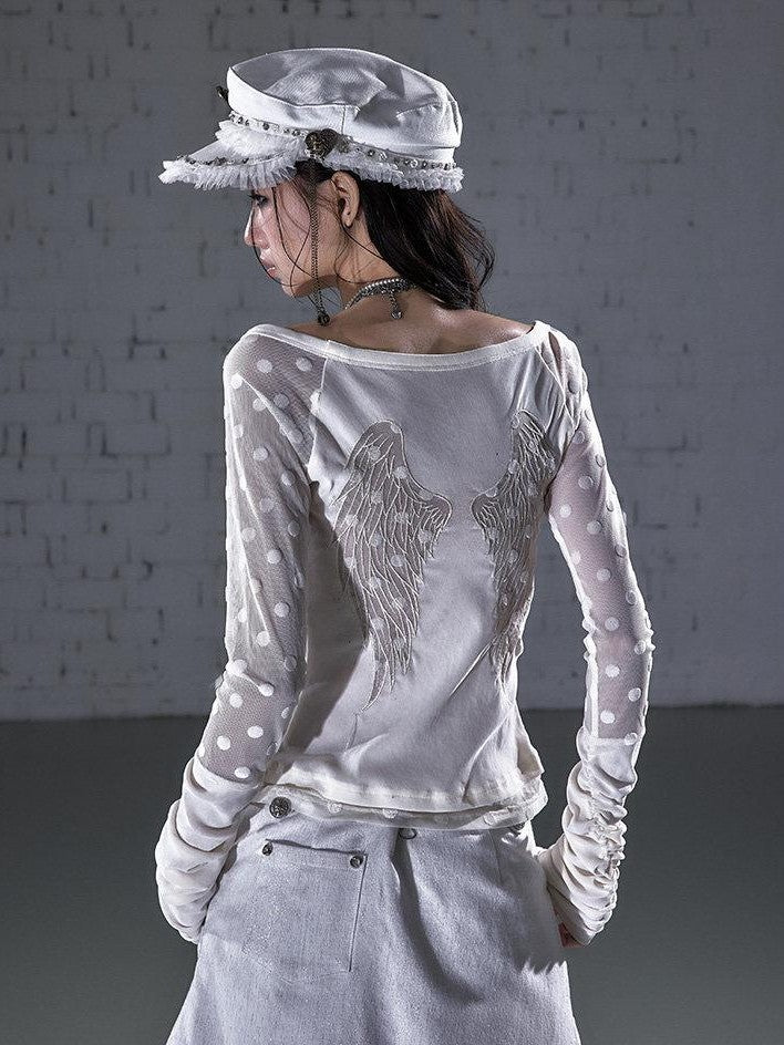 NO ROMANCE Baroque Flocked Wing Embroidered Polka Slim Women'S Long Sleeve T-Shirts