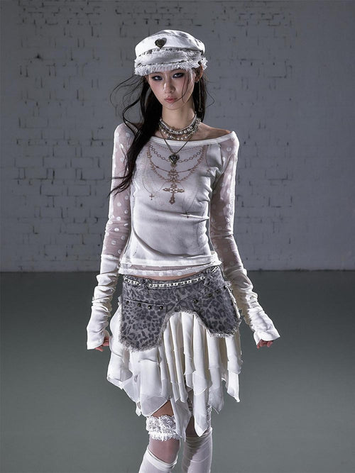 NO ROMANCE Baroque Flocked Wing Embroidered Polka Slim Women'S Long Sleeve T-Shirts