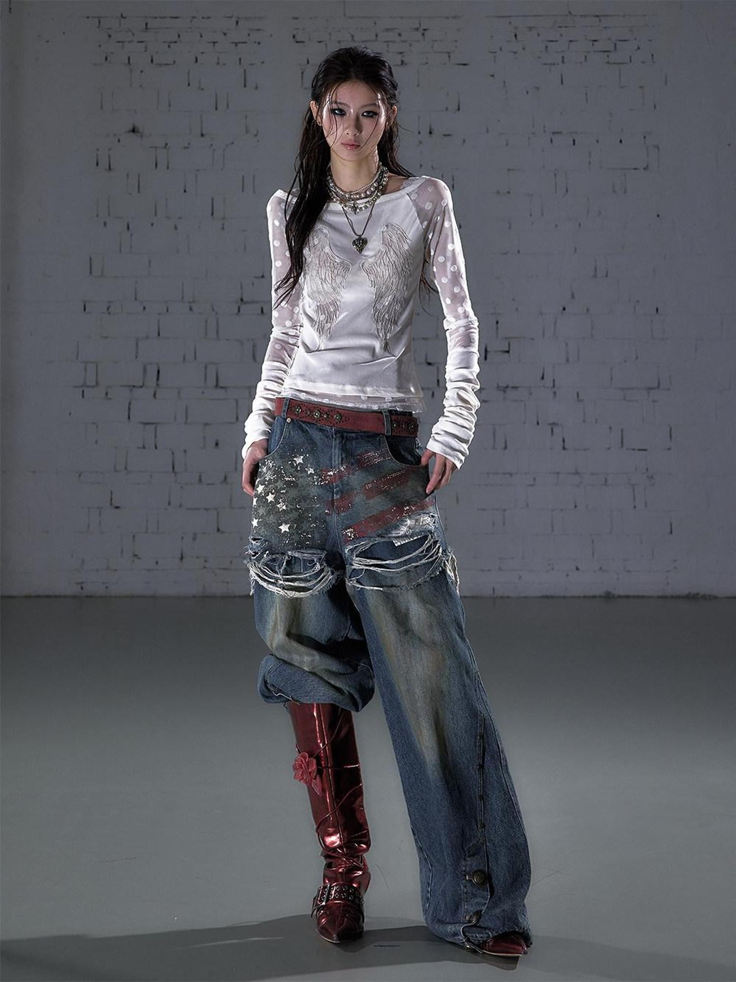 NO ROMANCE Baroque Flocked Wing Embroidered Polka Slim Women'S Long Sleeve T-Shirts