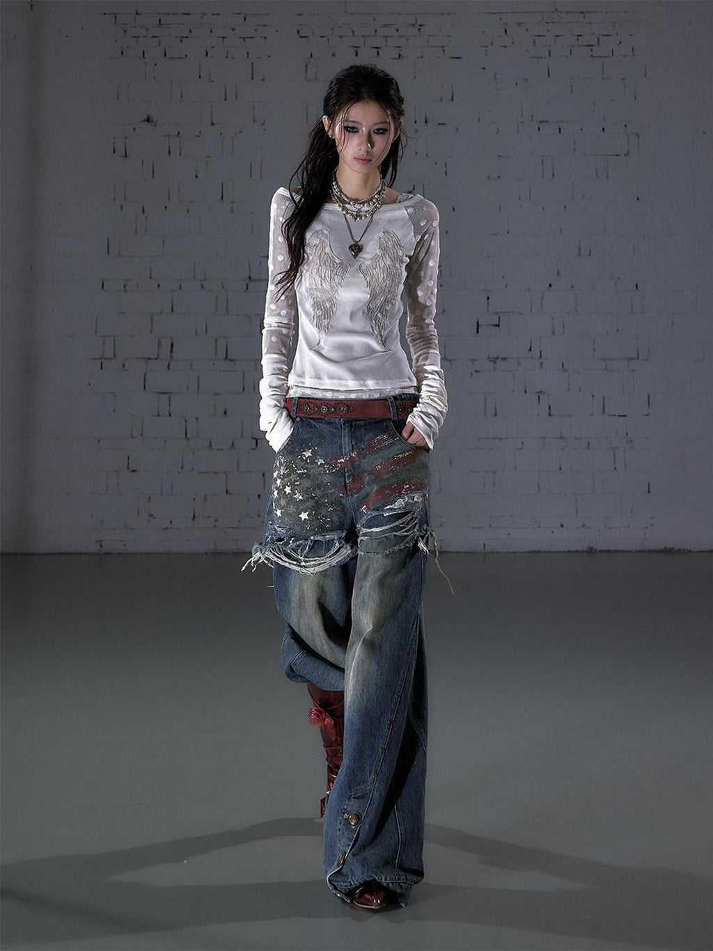 NO ROMANCE Baroque Flocked Wing Embroidered Polka Slim Women'S Long Sleeve T-Shirts