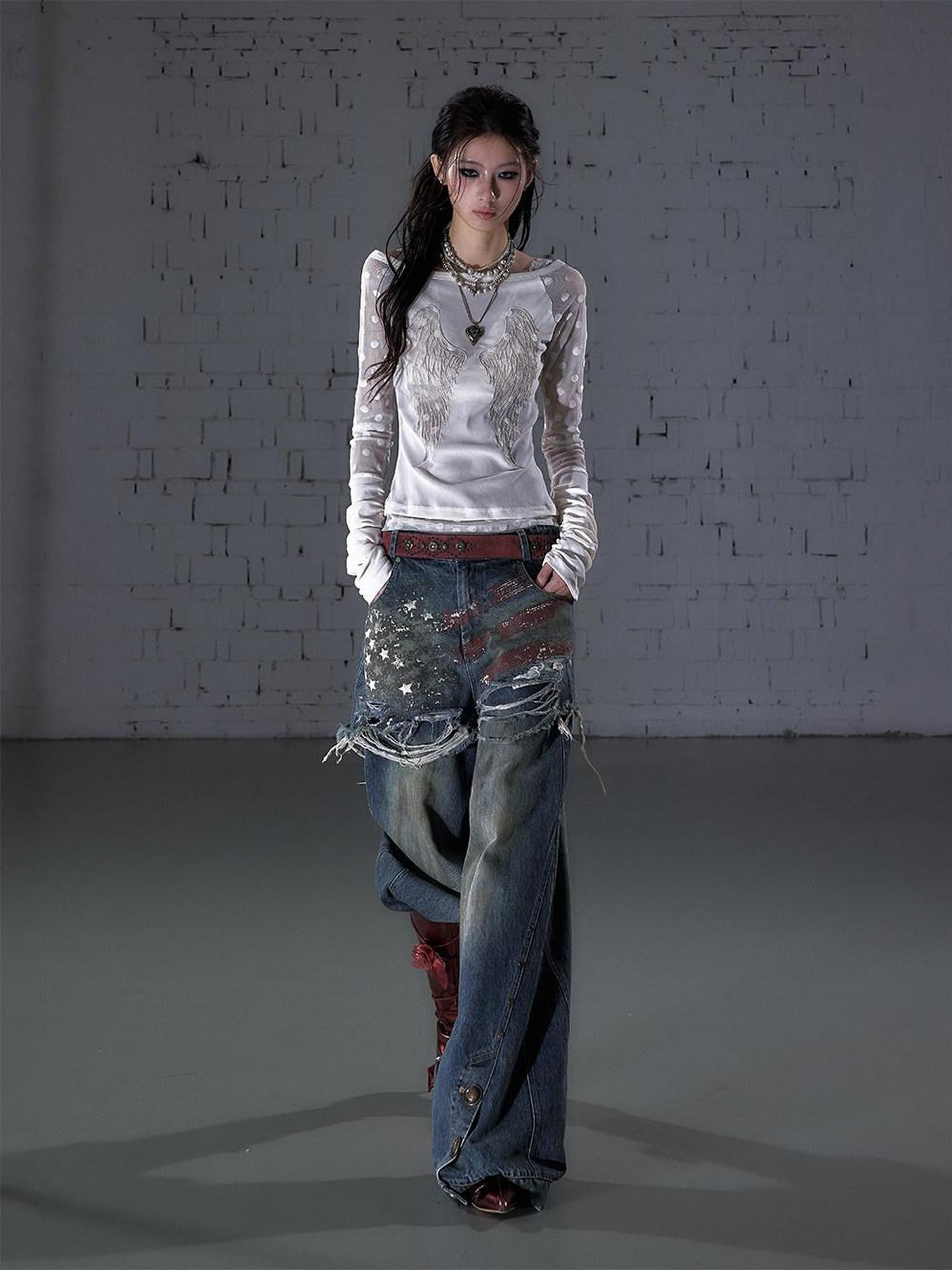NO ROMANCE Baroque Flocked Wing Embroidered Polka Slim Women'S Long Sleeve T-Shirts
