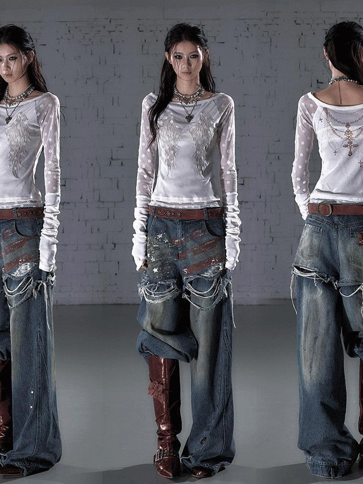 NO ROMANCE Baroque Flocked Wing Embroidered Polka Slim Women'S Long Sleeve T-Shirts