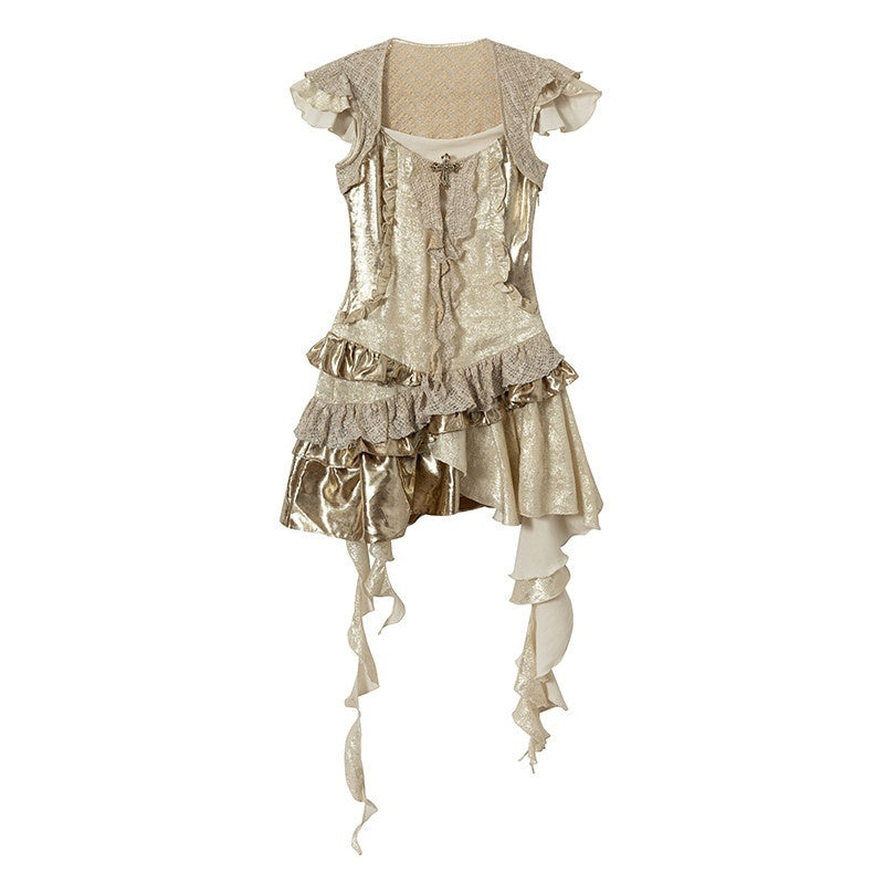 NO_ROMANCE_Baroque_Gold_Satin_Asymmetrical_Ruffle_Faux_Two_Piece_Women'S_Midi_Dresses_MISSTT