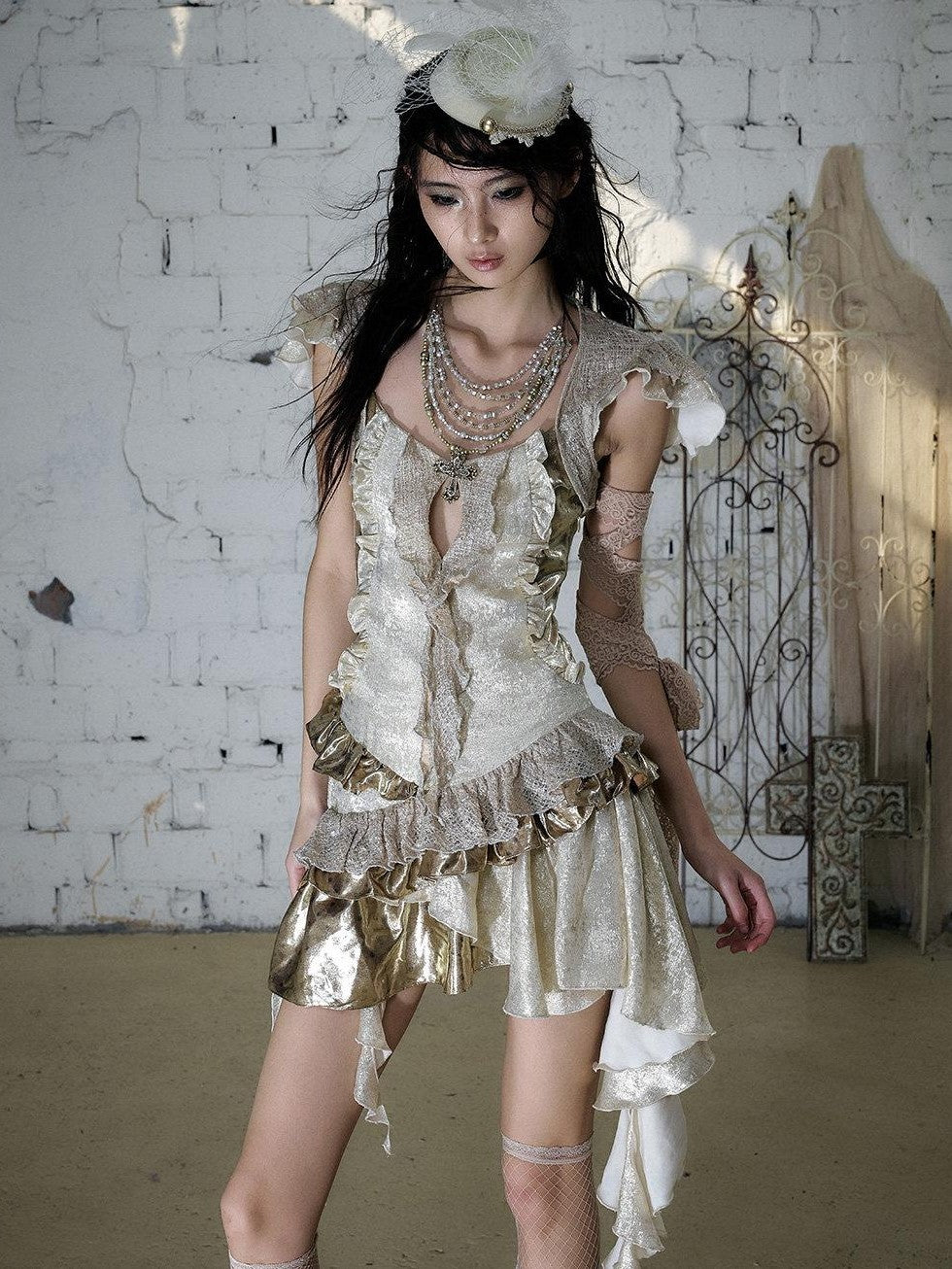 NO ROMANCE Baroque Gold Satin Asymmetrical Ruffle Faux Two Piece Women'S Midi Dresses