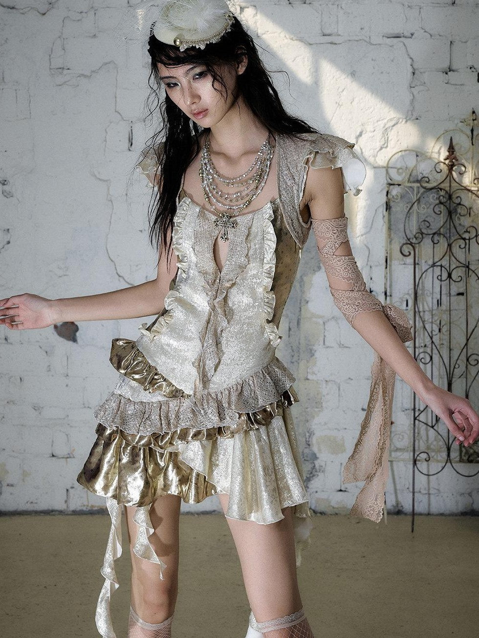 NO ROMANCE Baroque Gold Satin Asymmetrical Ruffle Faux Two Piece Women'S Midi Dresses