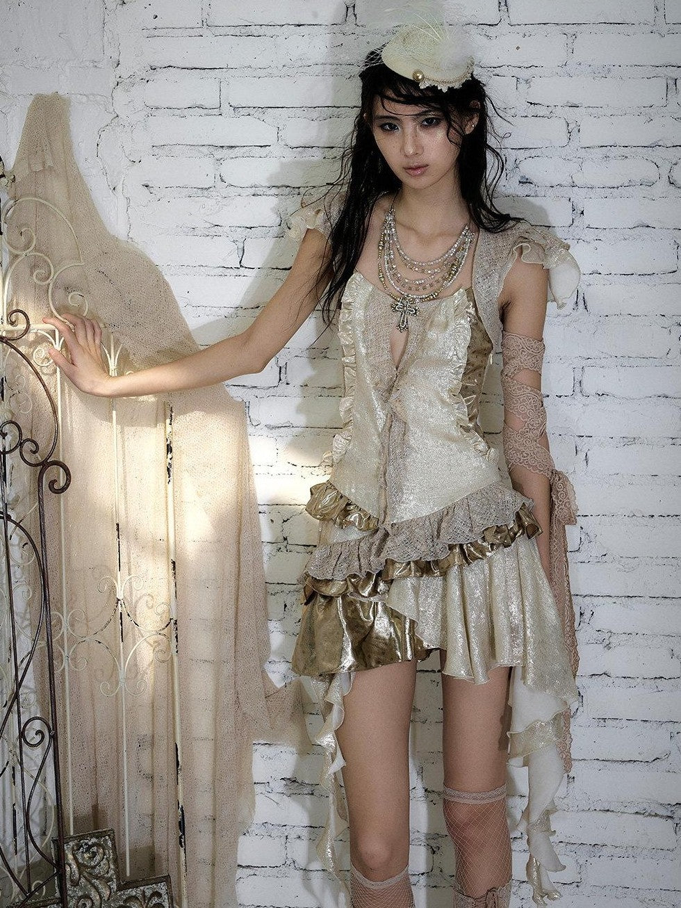 NO ROMANCE Baroque Gold Satin Asymmetrical Ruffle Faux Two Piece Women'S Midi Dresses