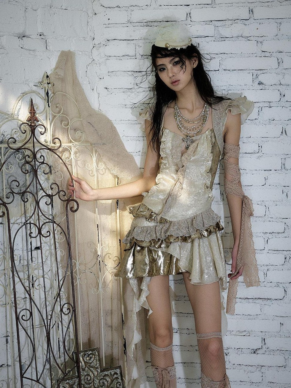 NO ROMANCE Baroque Gold Satin Asymmetrical Ruffle Faux Two Piece Women'S Midi Dresses