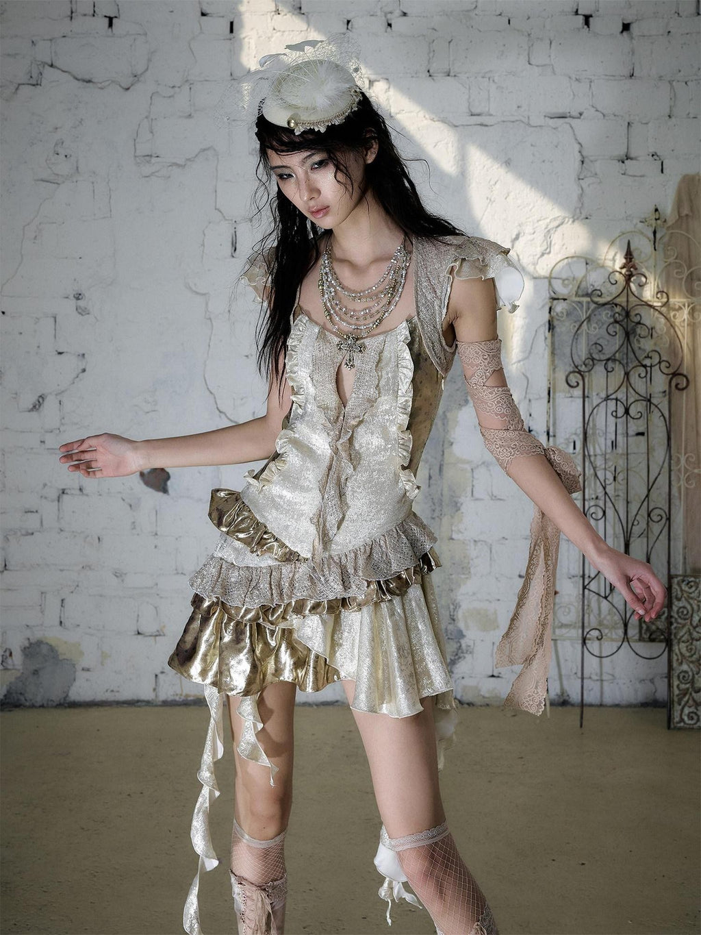 NO ROMANCE Baroque Gold Satin Asymmetrical Ruffle Faux Two Piece Women'S Midi Dresses