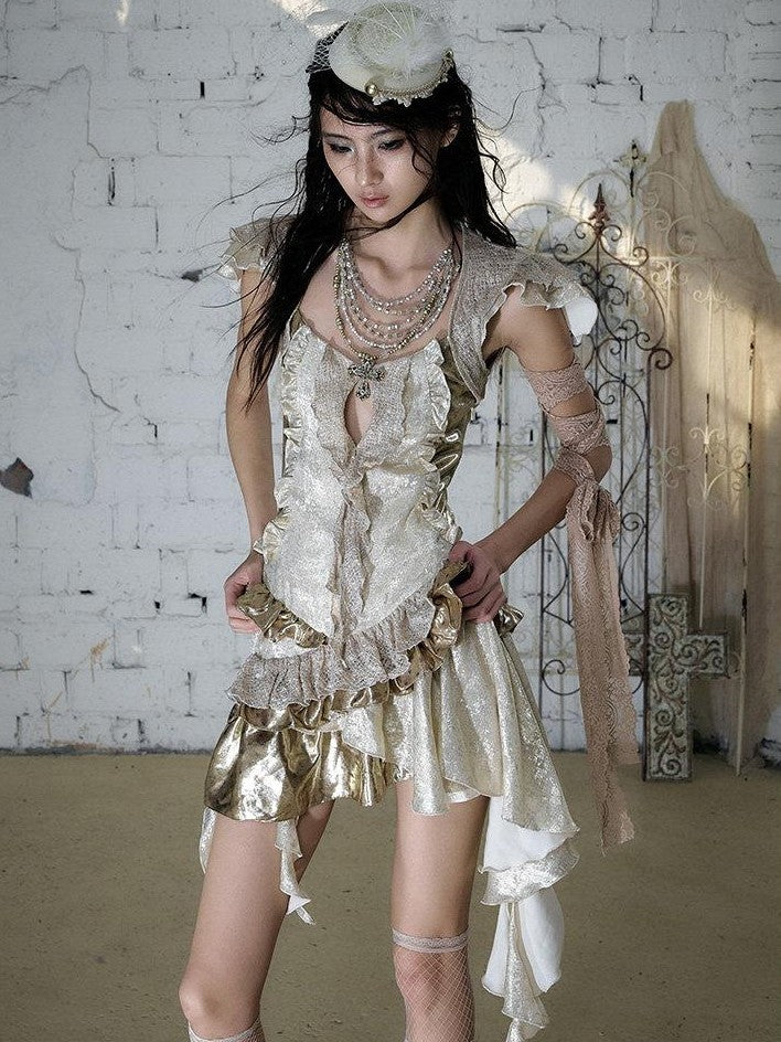 NO ROMANCE Baroque Gold Satin Asymmetrical Ruffle Faux Two Piece Women'S Midi Dresses