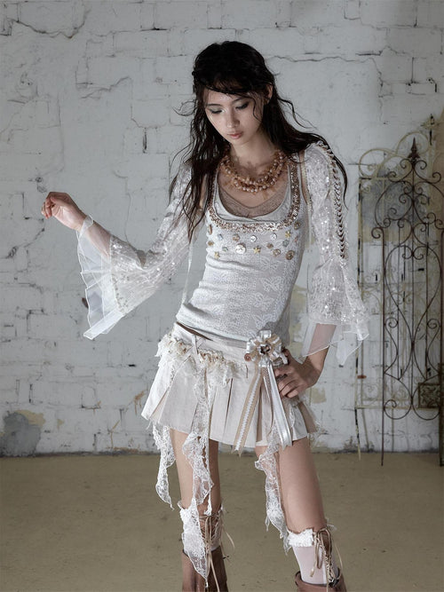 NO ROMANCE Baroque Pearl Chain Cutout Sequin Capelet Women'S Polyester Chiffon Blouses