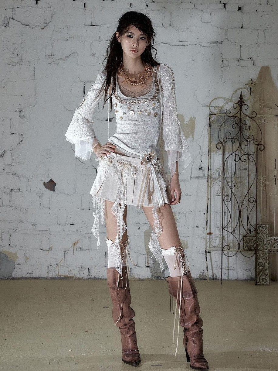 NO ROMANCE Baroque Pearl Chain Cutout Sequin Capelet Women'S Polyester Chiffon Blouses