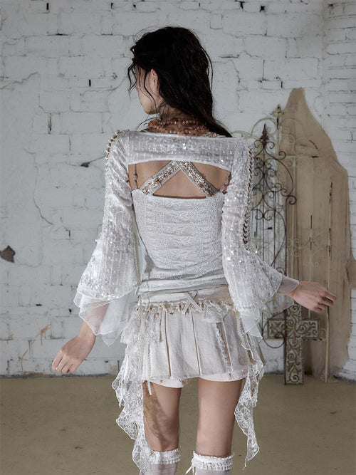 NO ROMANCE Baroque Pearl Chain Cutout Sequin Capelet Women'S Polyester Chiffon Blouses