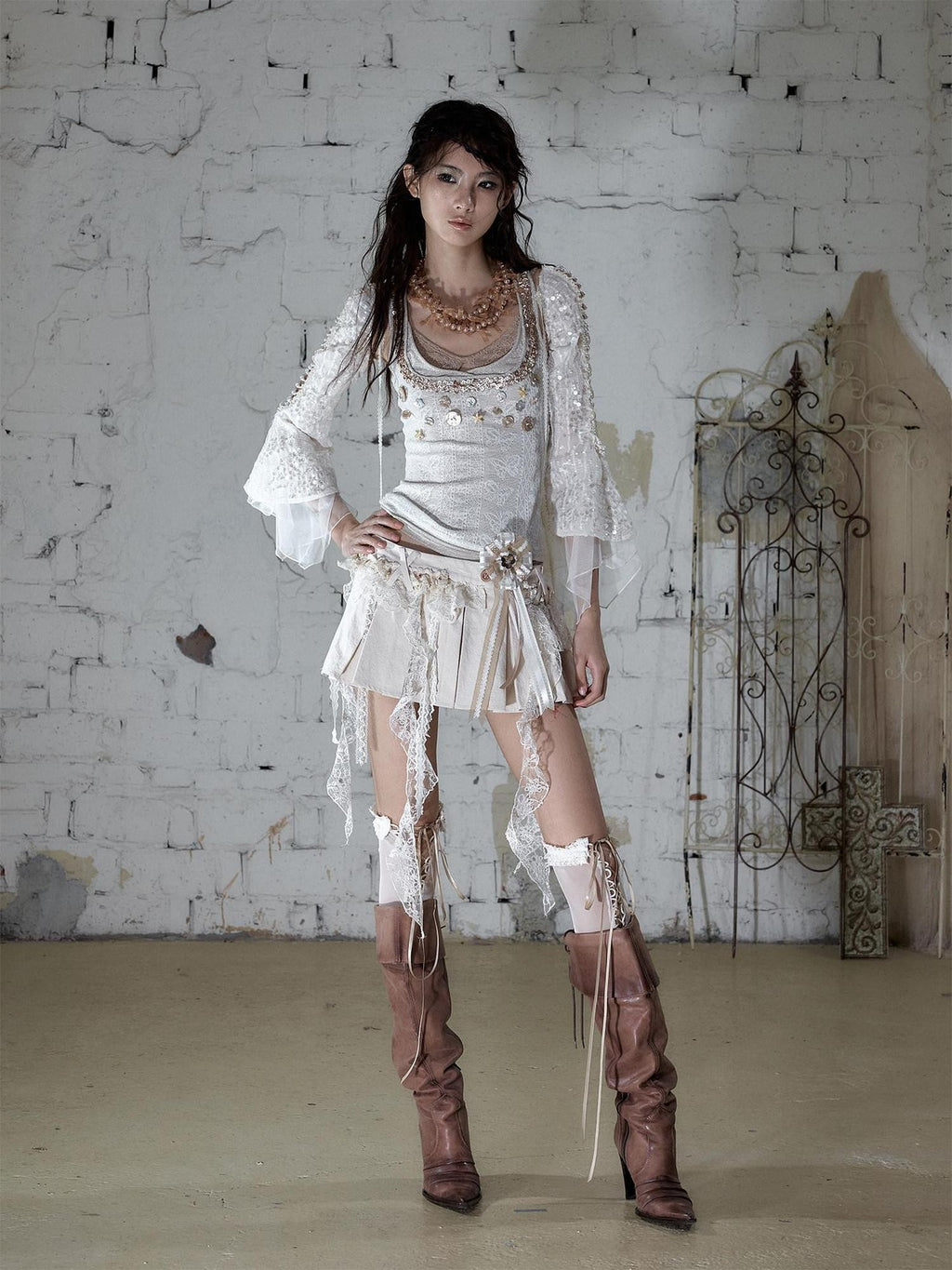 NO ROMANCE Baroque Pearl Chain Cutout Sequin Capelet Women'S Polyester Chiffon Blouses