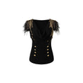 NO_ROMANCE_Black_Gold_Foil_Ostrich_Tassel_Epaulet_Cowl_Neck_Fitted_Women'S_Knit_Tank_Tops_MISSTT