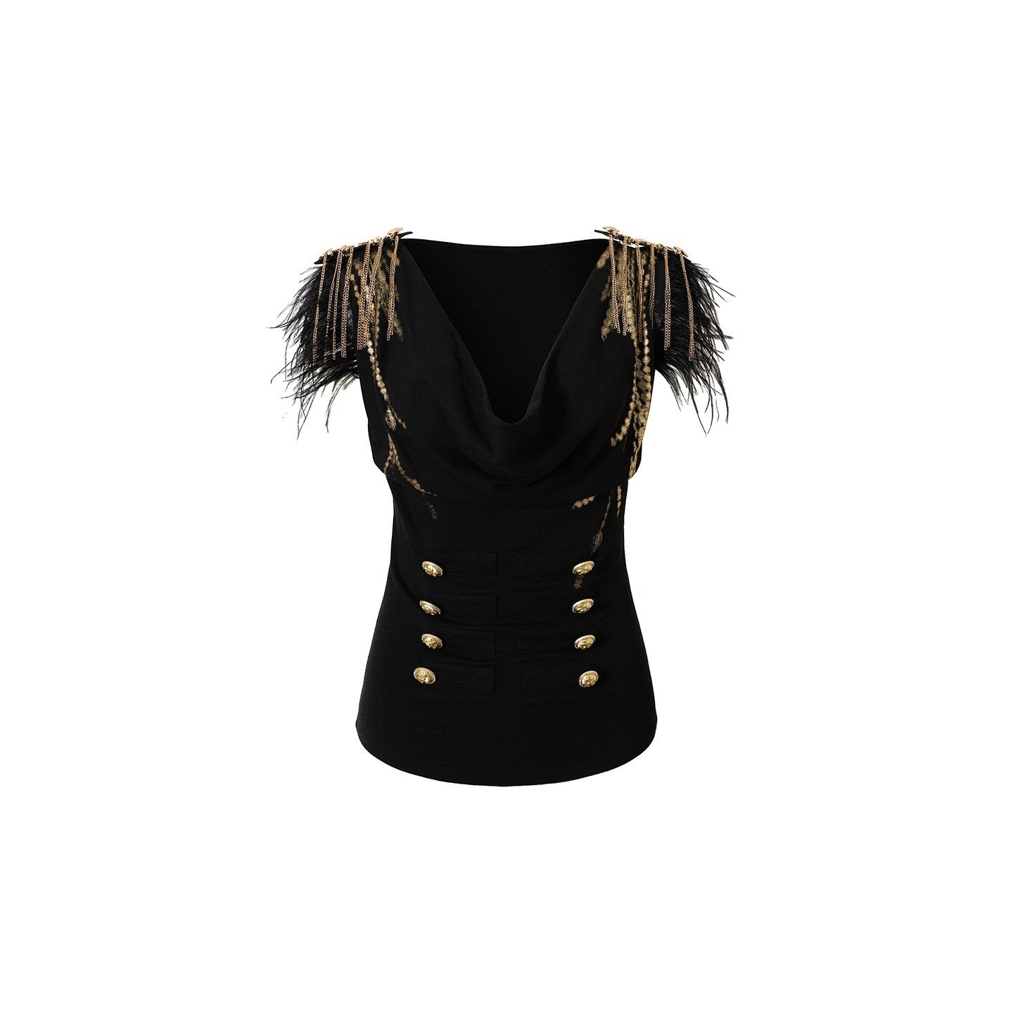 NO_ROMANCE_Black_Gold_Foil_Ostrich_Tassel_Epaulet_Cowl_Neck_Fitted_Women'S_Knit_Tank_Tops_MISSTT