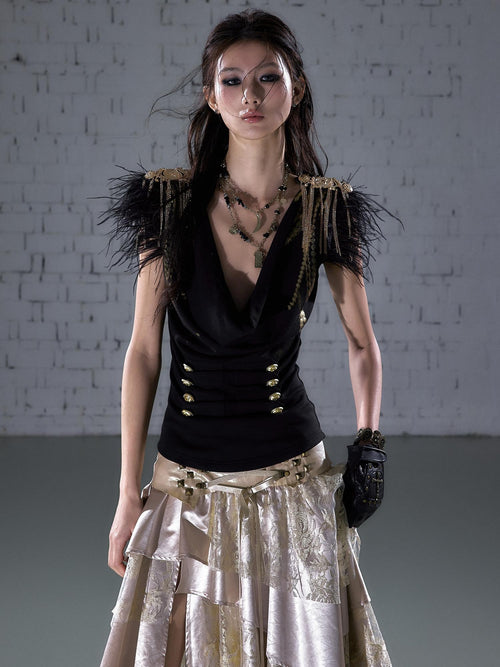 NO ROMANCE Black Gold Foil Ostrich Tassel Epaulet Cowl Neck Fitted Women'S Knit Tank Tops