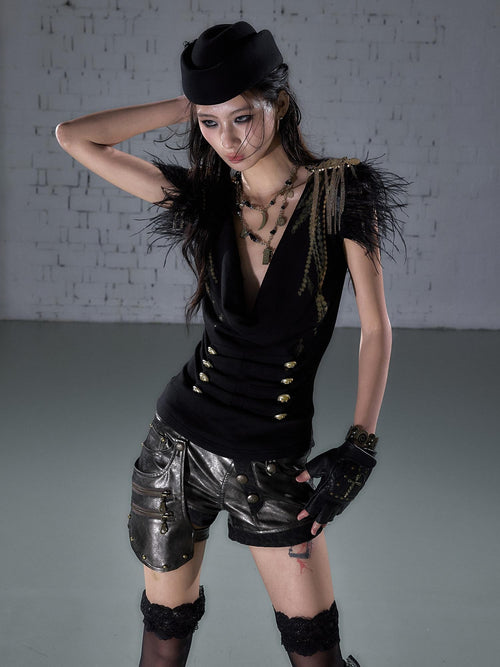 NO ROMANCE Black Gold Foil Ostrich Tassel Epaulet Cowl Neck Fitted Women'S Knit Tank Tops