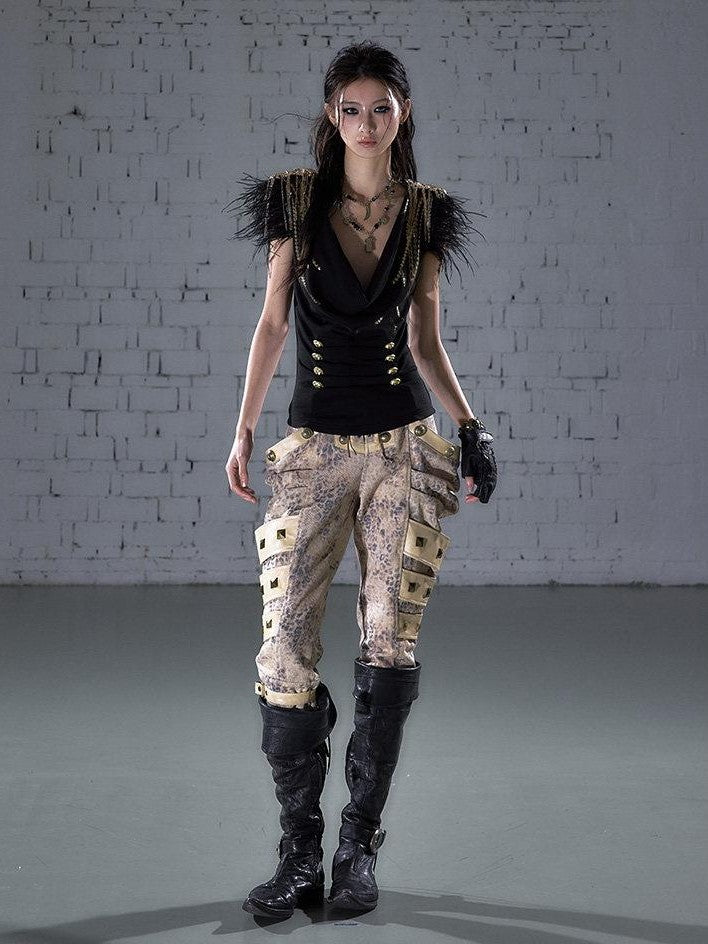 NO ROMANCE Black Gold Foil Ostrich Tassel Epaulet Cowl Neck Fitted Women'S Knit Tank Tops