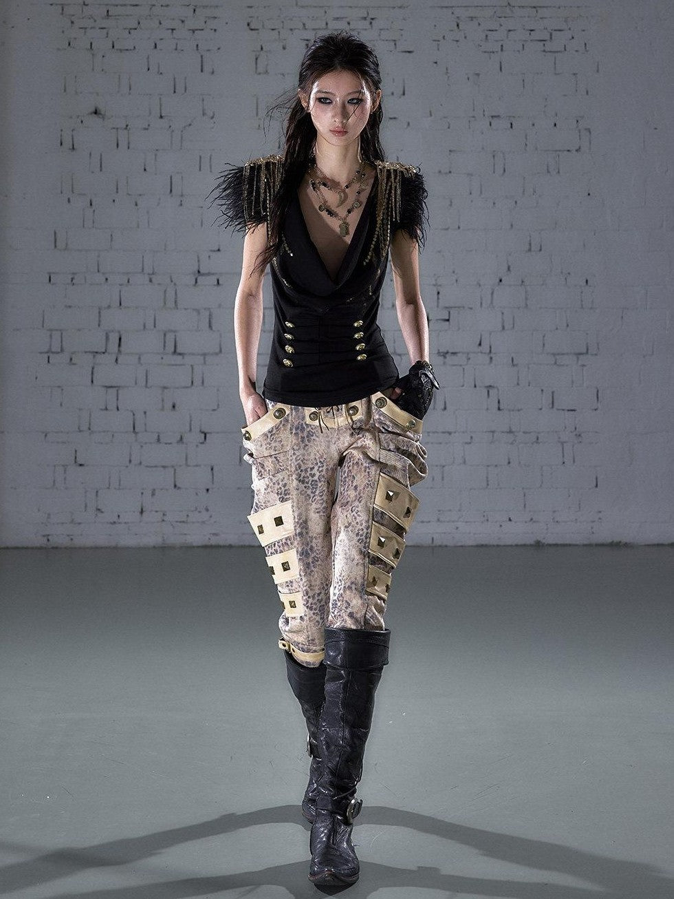 NO ROMANCE Black Gold Foil Ostrich Tassel Epaulet Cowl Neck Fitted Women'S Knit Tank Tops
