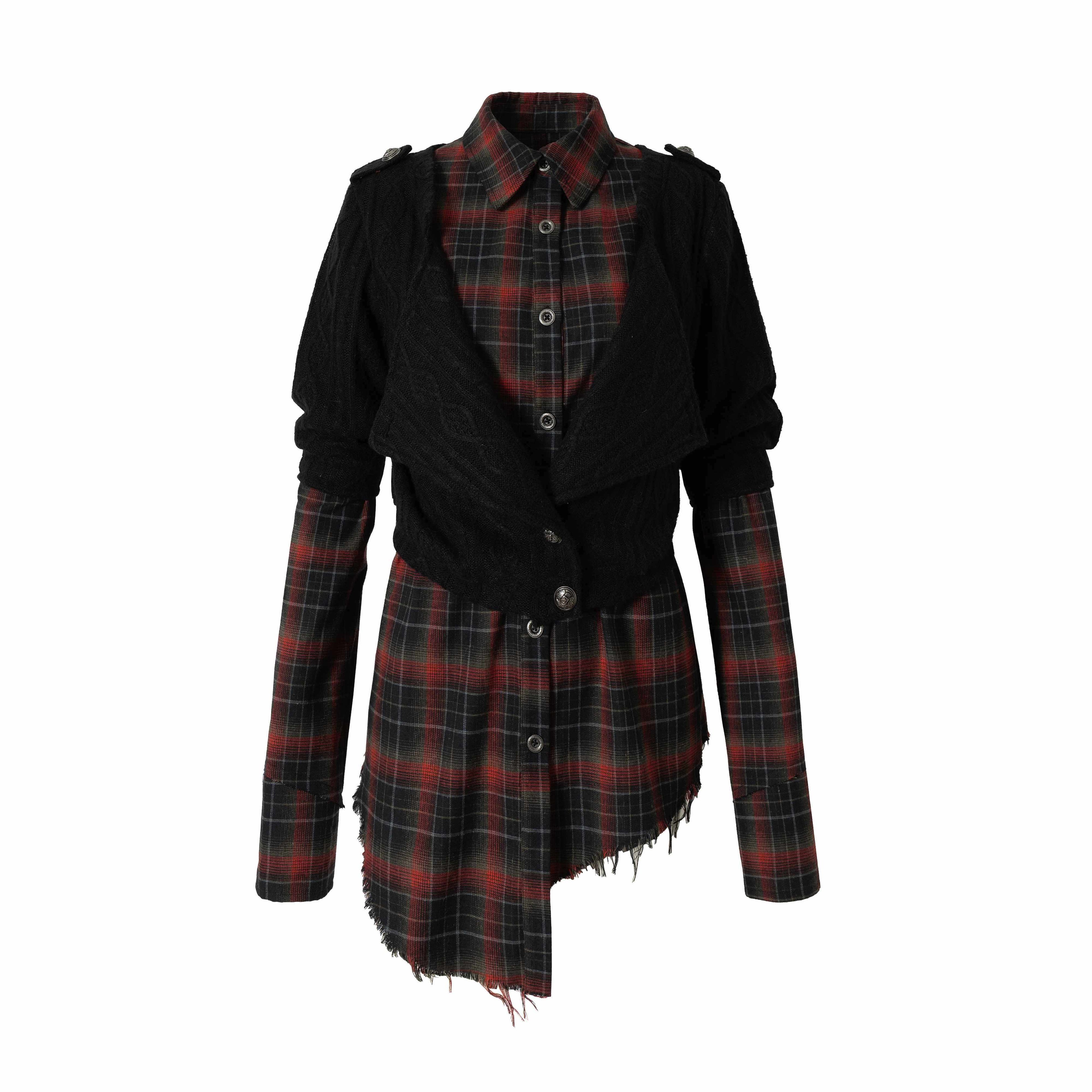NO_ROMANCE_Black_Red_Punk_Plaid_Asymmetric_Faux_Two_Piece_Women'S_Knit_Blouses_MISSTT