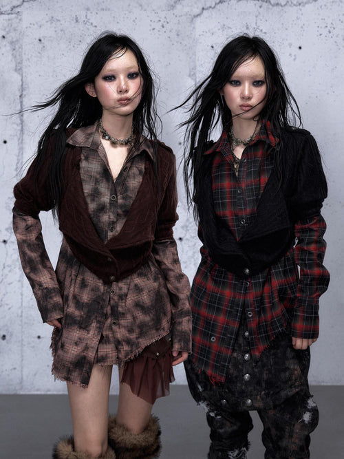 NO ROMANCE Black Red Punk Plaid Asymmetric Faux Two Piece Women'S Knit Blouses