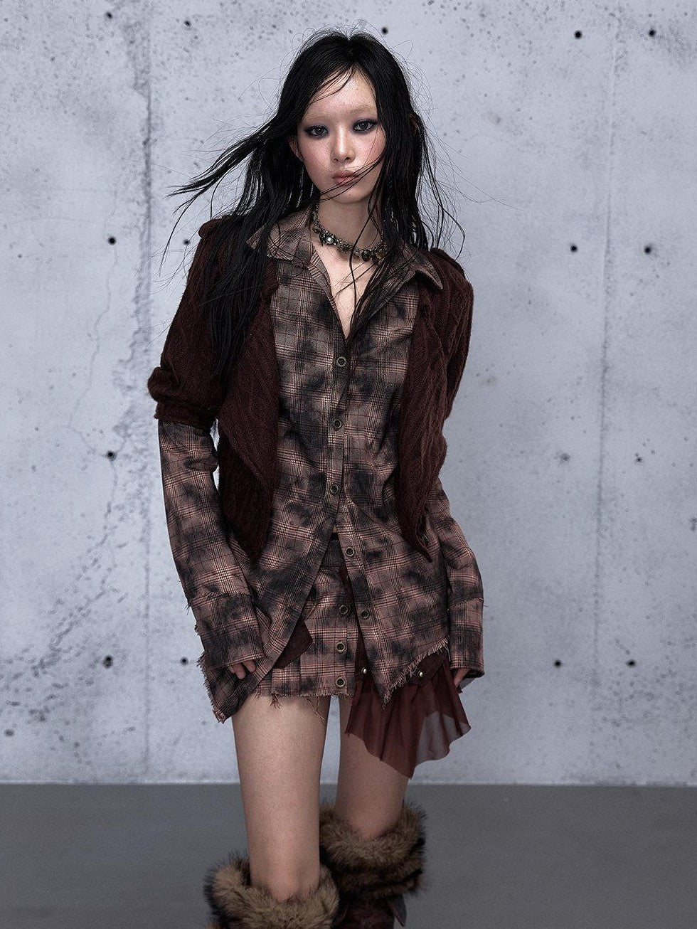 NO ROMANCE Black Red Punk Plaid Asymmetric Faux Two Piece Women'S Knit Blouses