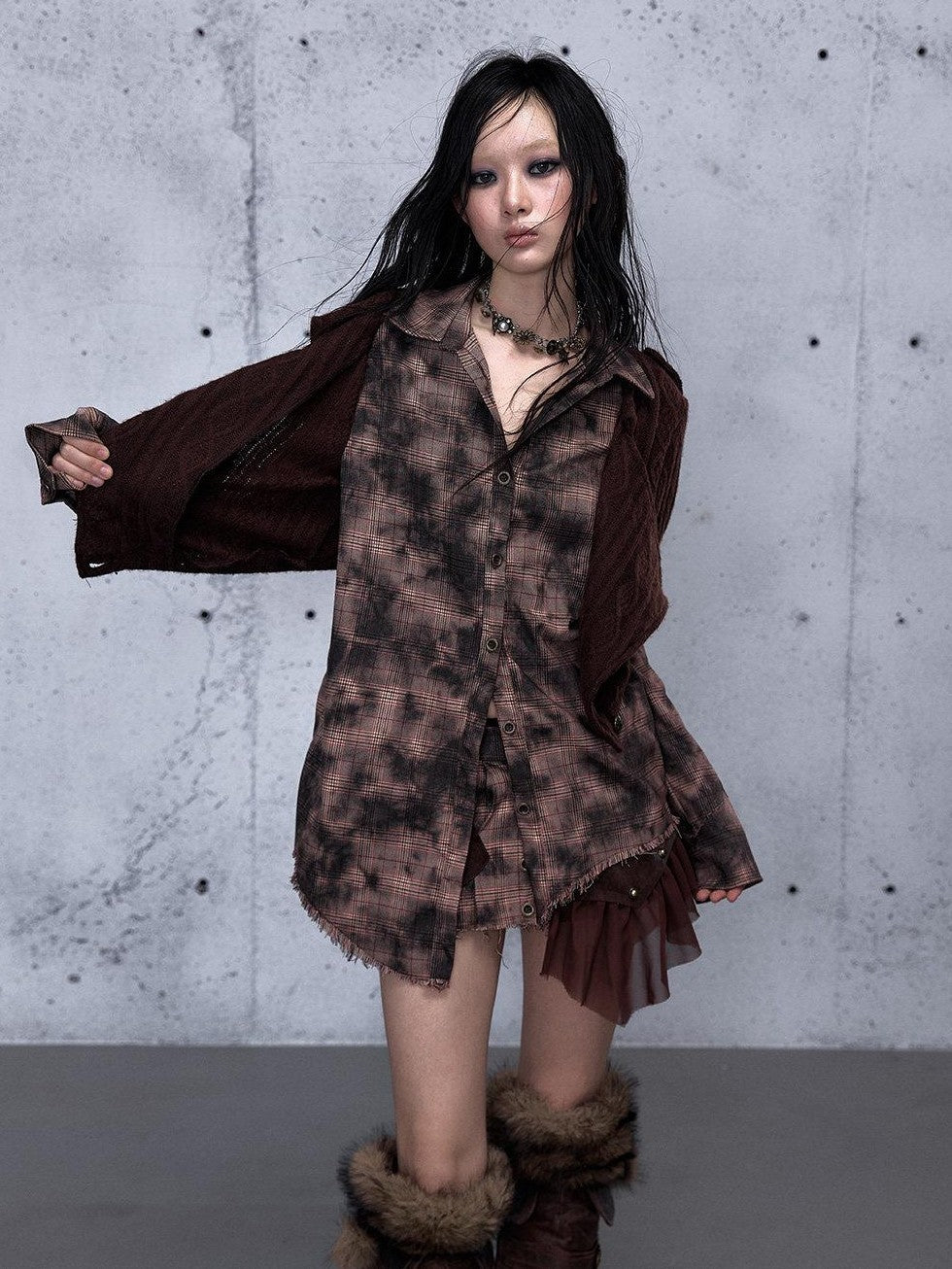 NO ROMANCE Black Red Punk Plaid Asymmetric Faux Two Piece Women'S Knit Blouses