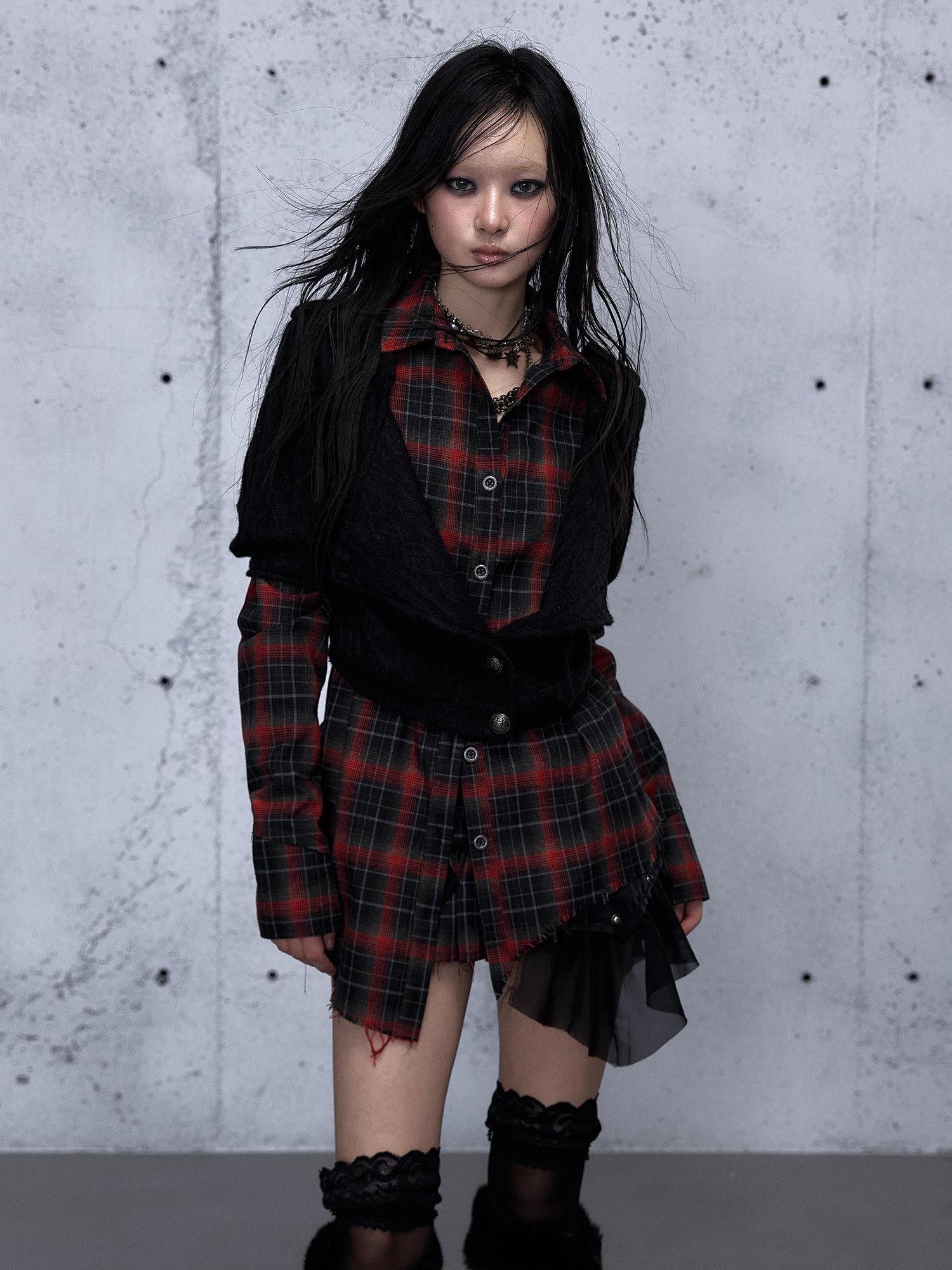 NO ROMANCE Black Red Punk Plaid Asymmetric Faux Two Piece Women'S Knit Blouses