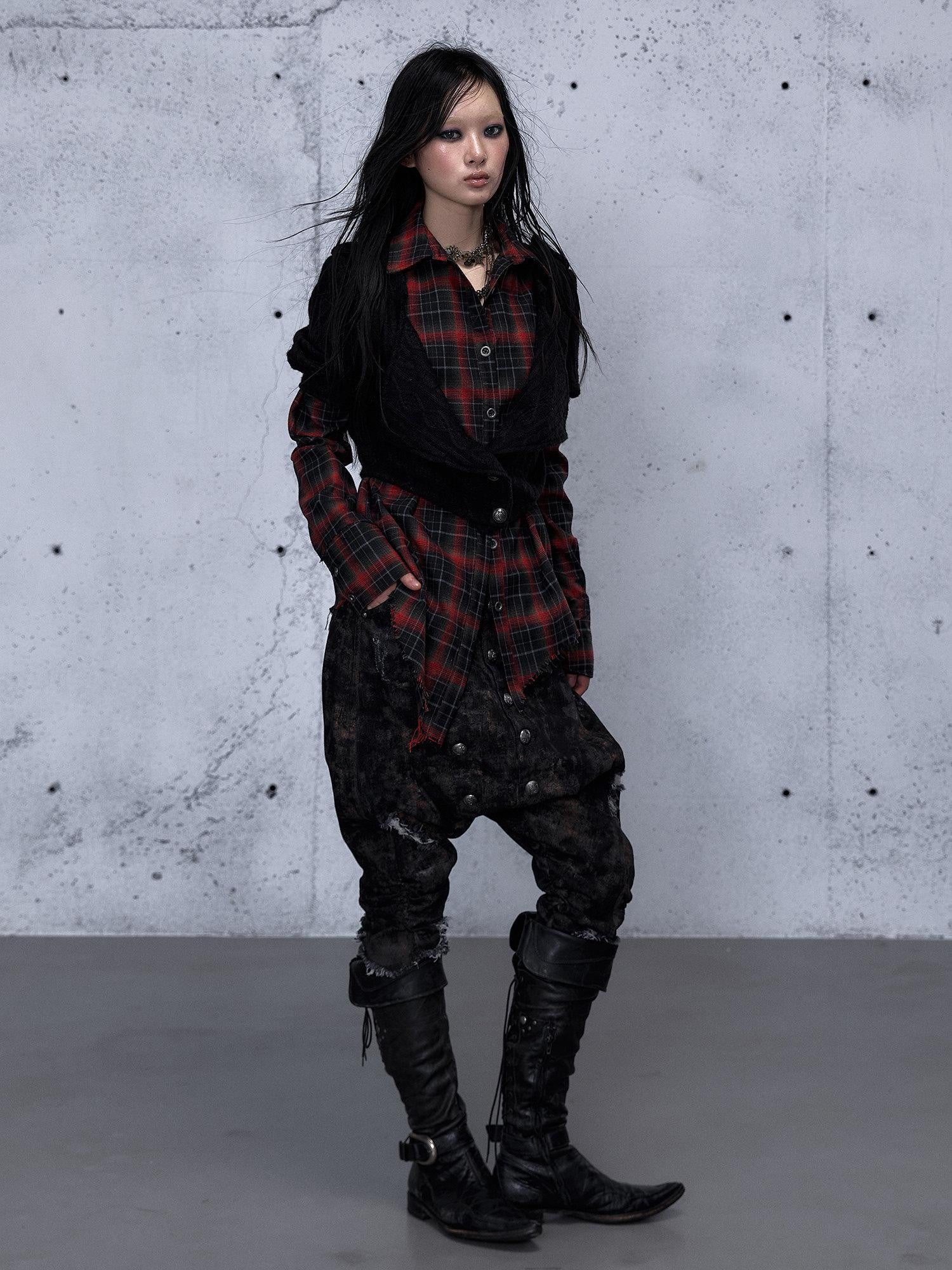 NO ROMANCE Black Red Punk Plaid Asymmetric Faux Two Piece Women'S Knit Blouses