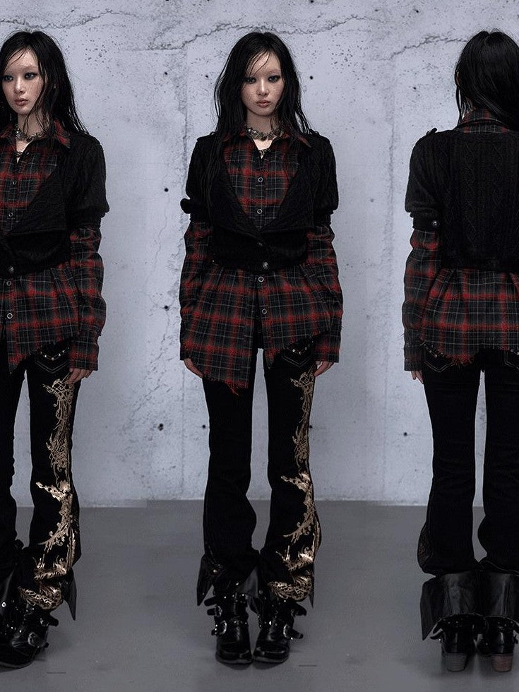 NO ROMANCE Black Red Punk Plaid Asymmetric Faux Two Piece Women'S Knit Blouses