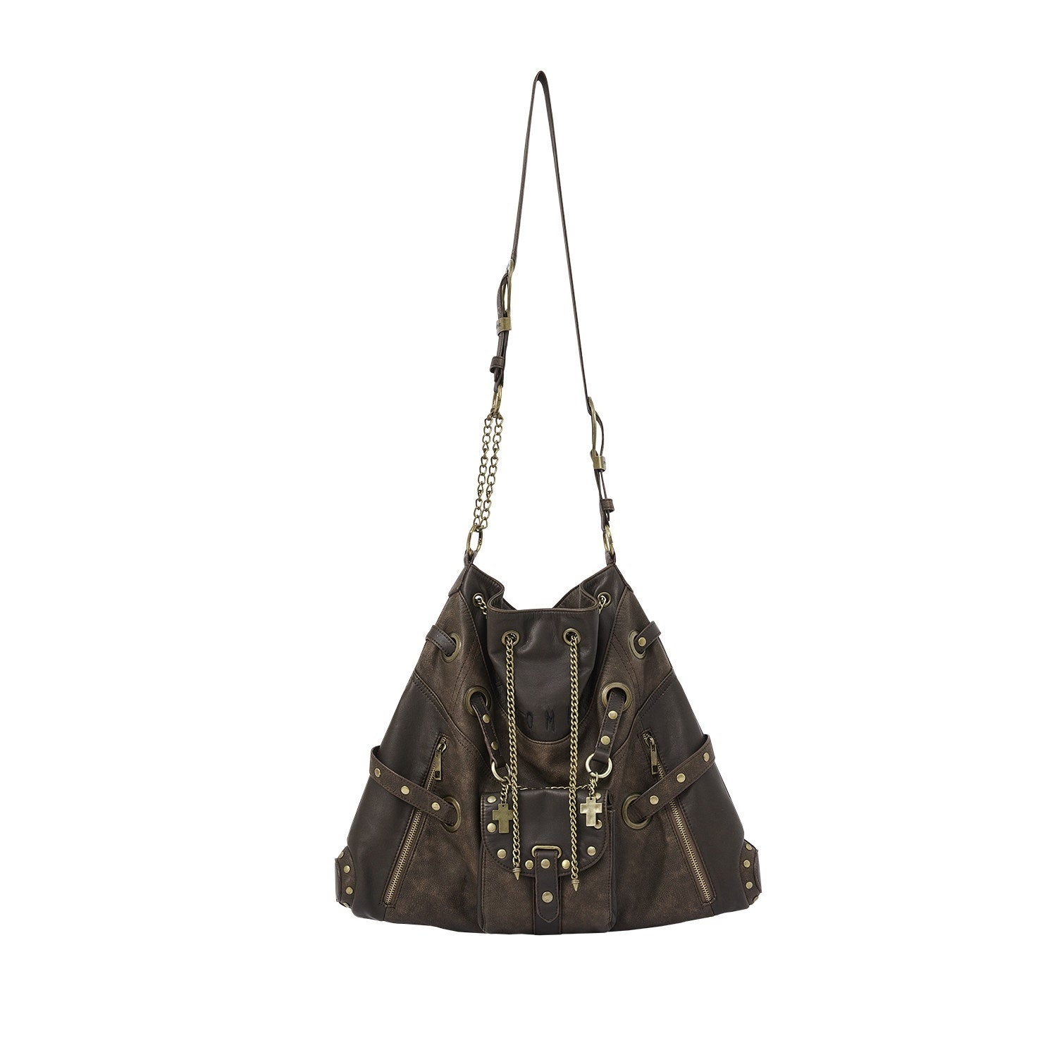 NO_ROMANCE_Chestnut_Brown_Vintage_Punk_Chain_Studs_Women'S_Faux_Leather_Shoulder_Bags_MISSTT