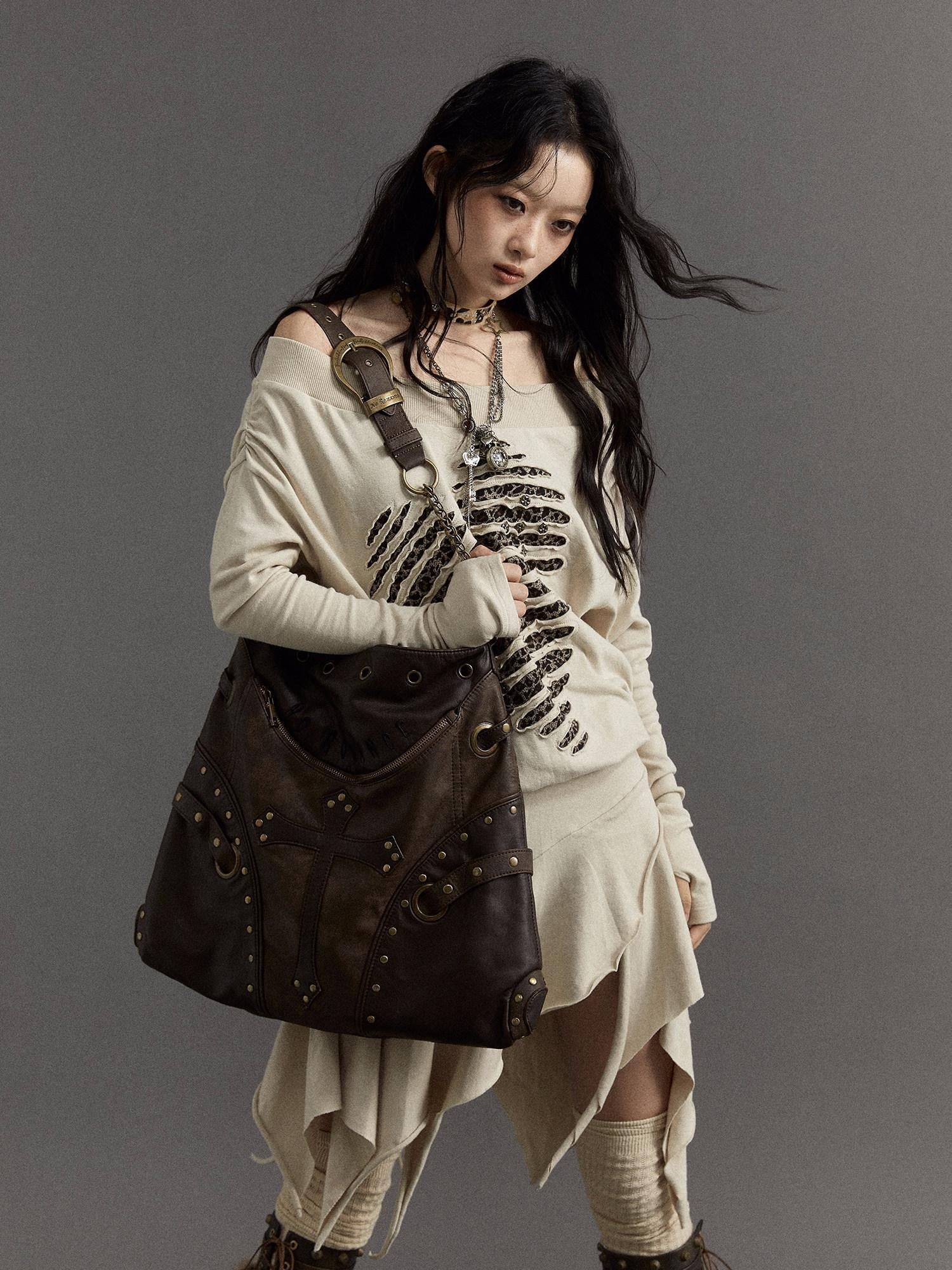NO ROMANCE Chestnut Brown Vintage Punk Chain Studs Women'S Faux Leather Shoulder Bags