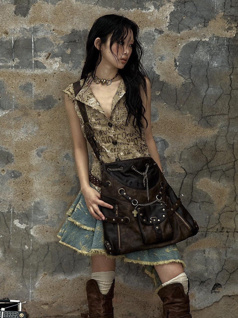NO ROMANCE Chestnut Brown Vintage Punk Chain Studs Women'S Faux Leather Shoulder Bags