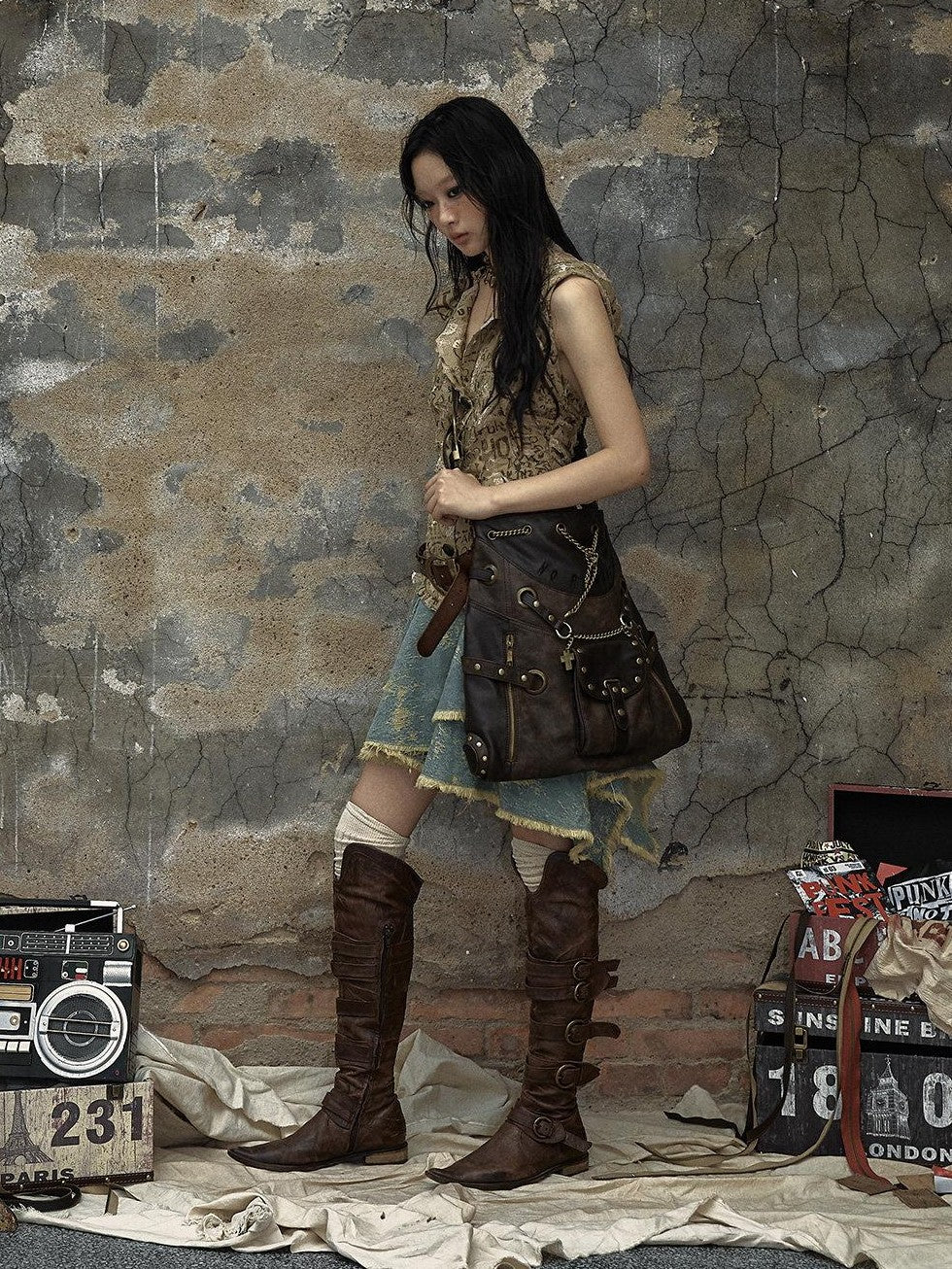 NO ROMANCE Chestnut Brown Vintage Punk Chain Studs Women'S Faux Leather Shoulder Bags