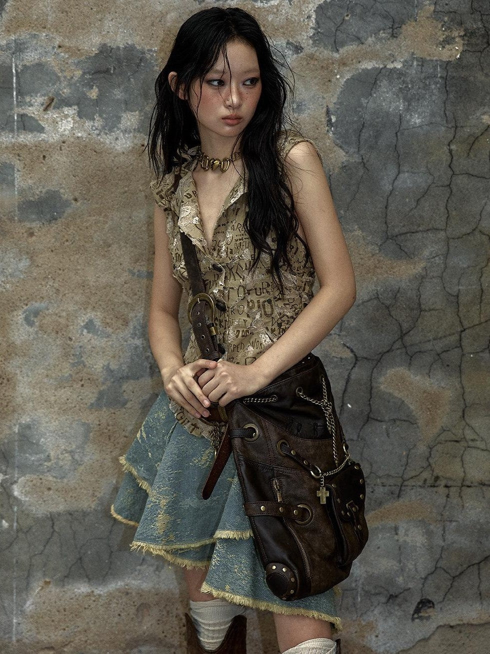 NO ROMANCE Chestnut Brown Vintage Punk Chain Studs Women'S Faux Leather Shoulder Bags