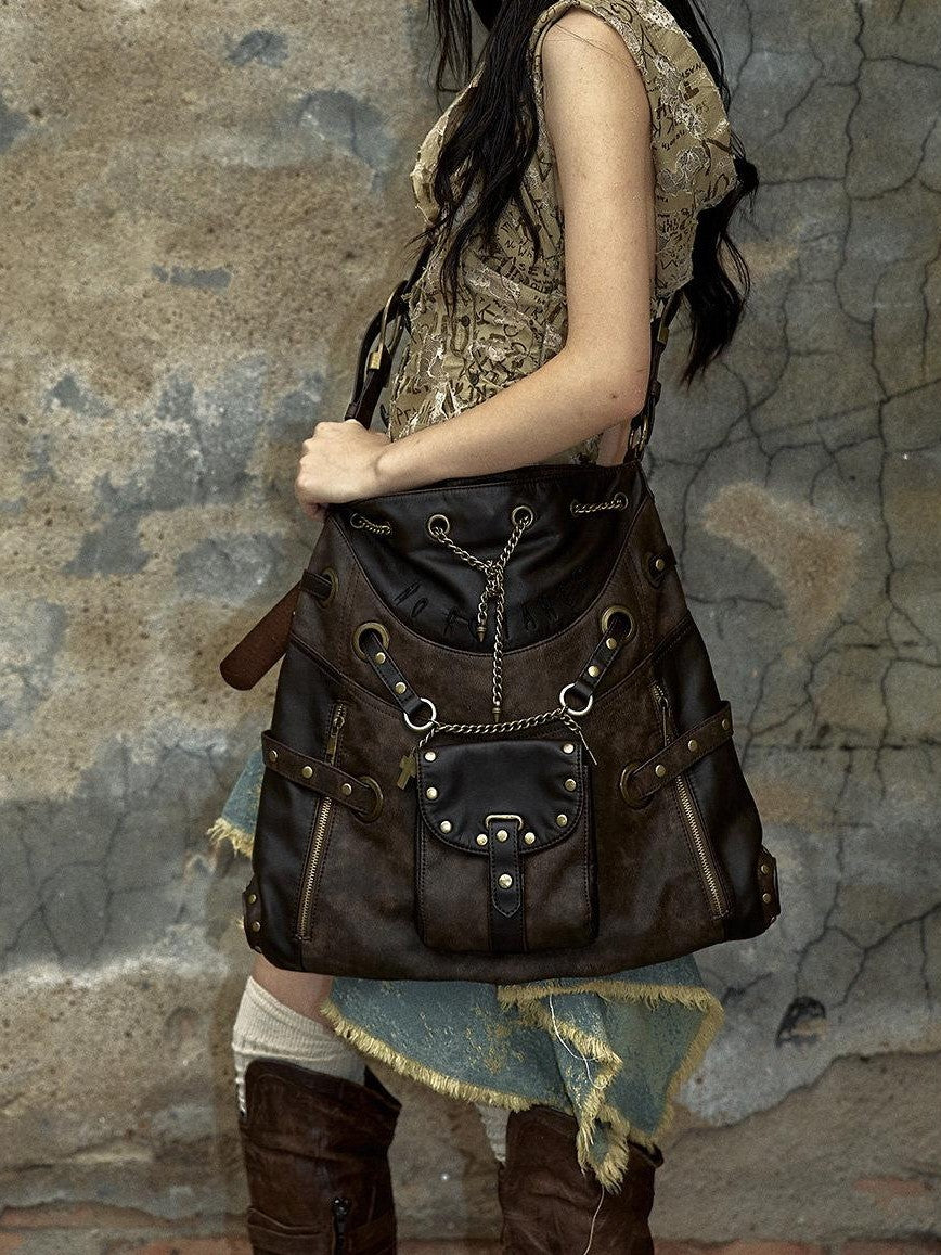 NO ROMANCE Chestnut Brown Vintage Punk Chain Studs Women'S Faux Leather Shoulder Bags