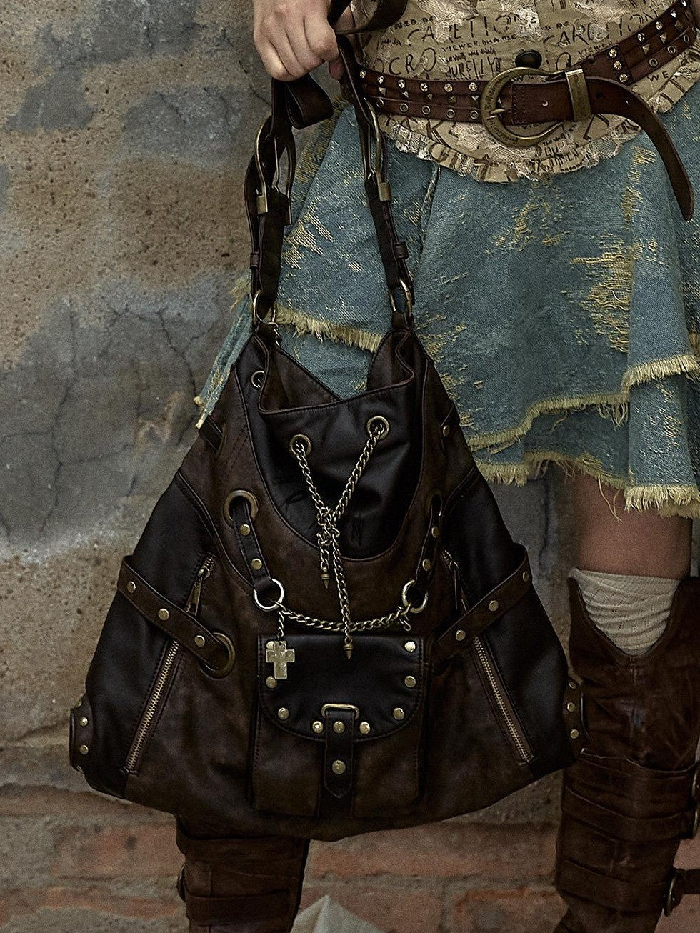 NO ROMANCE Chestnut Brown Vintage Punk Chain Studs Women'S Faux Leather Shoulder Bags