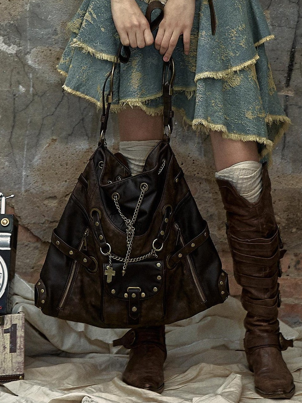 NO ROMANCE Chestnut Brown Vintage Punk Chain Studs Women'S Faux Leather Shoulder Bags