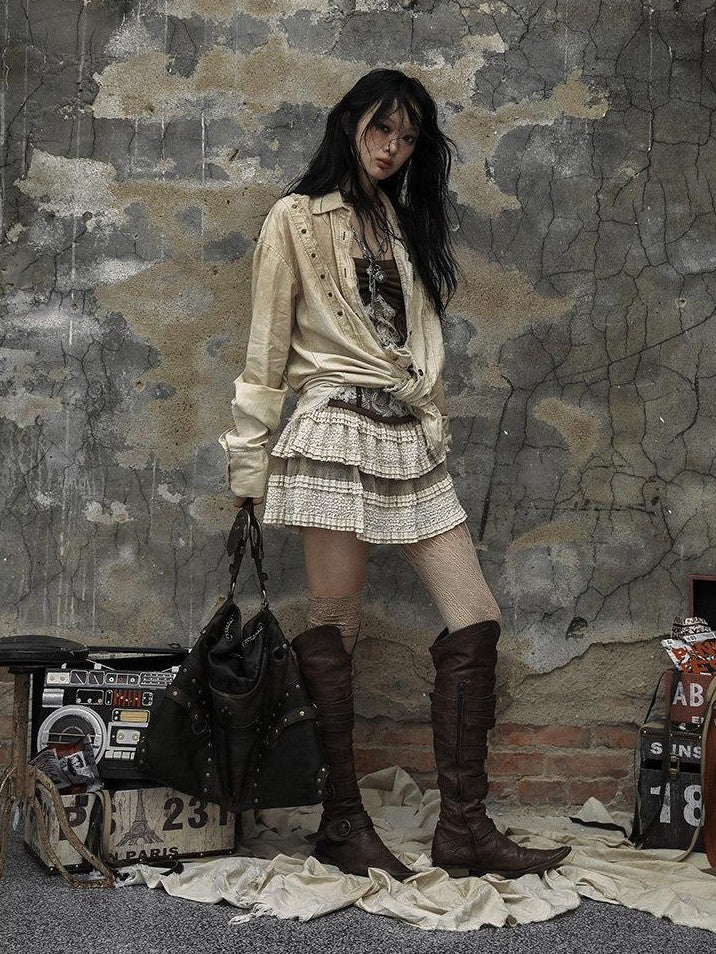 NO ROMANCE Chestnut Brown Vintage Punk Chain Studs Women'S Faux Leather Shoulder Bags