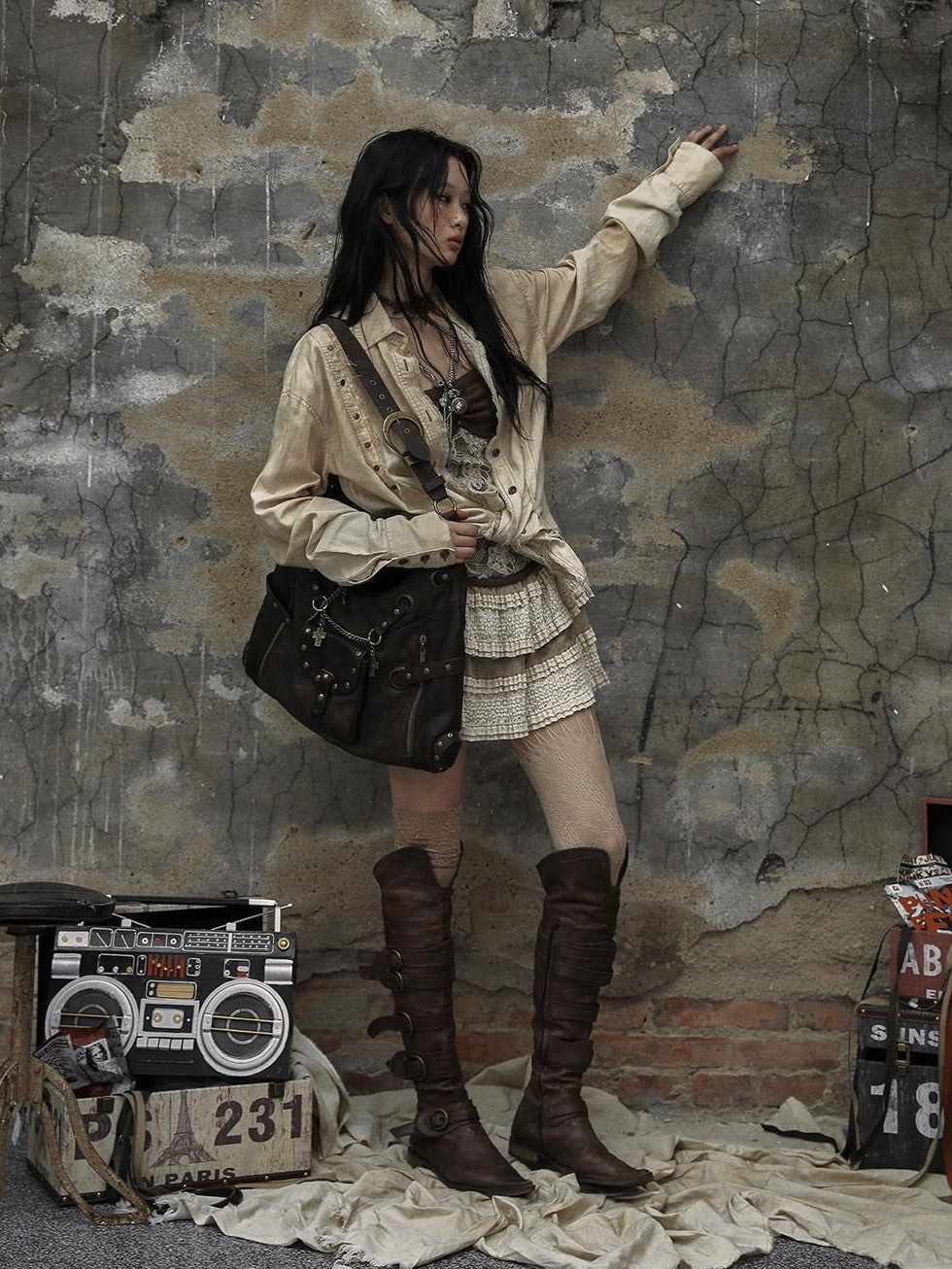 NO ROMANCE Chestnut Brown Vintage Punk Chain Studs Women'S Faux Leather Shoulder Bags