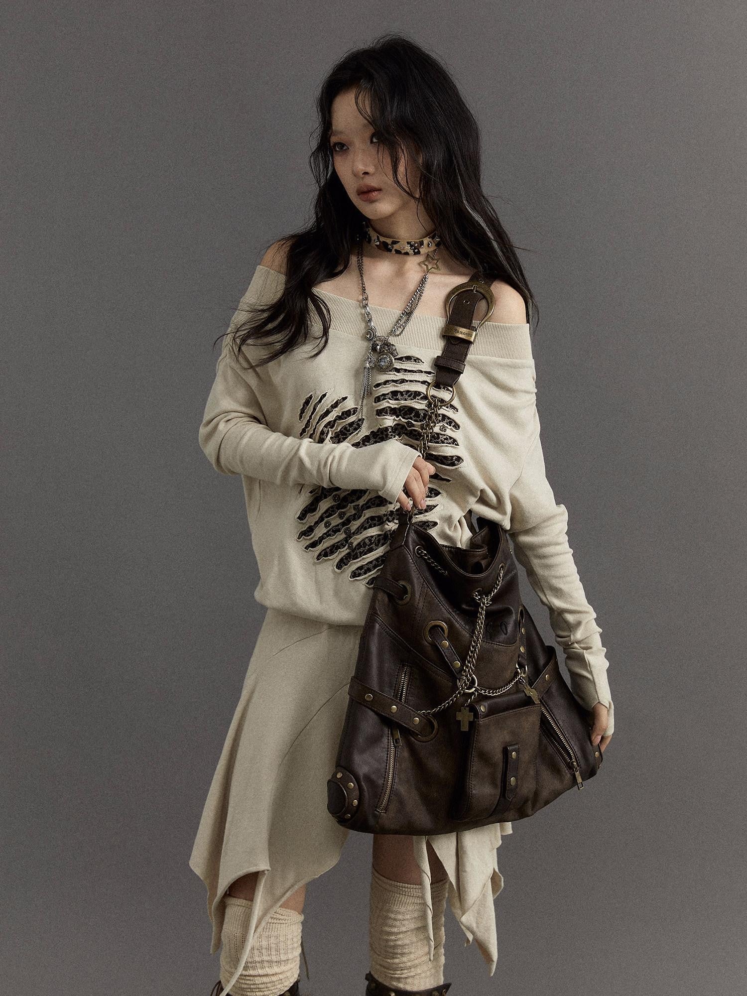NO ROMANCE Chestnut Brown Vintage Punk Chain Studs Women'S Faux Leather Shoulder Bags