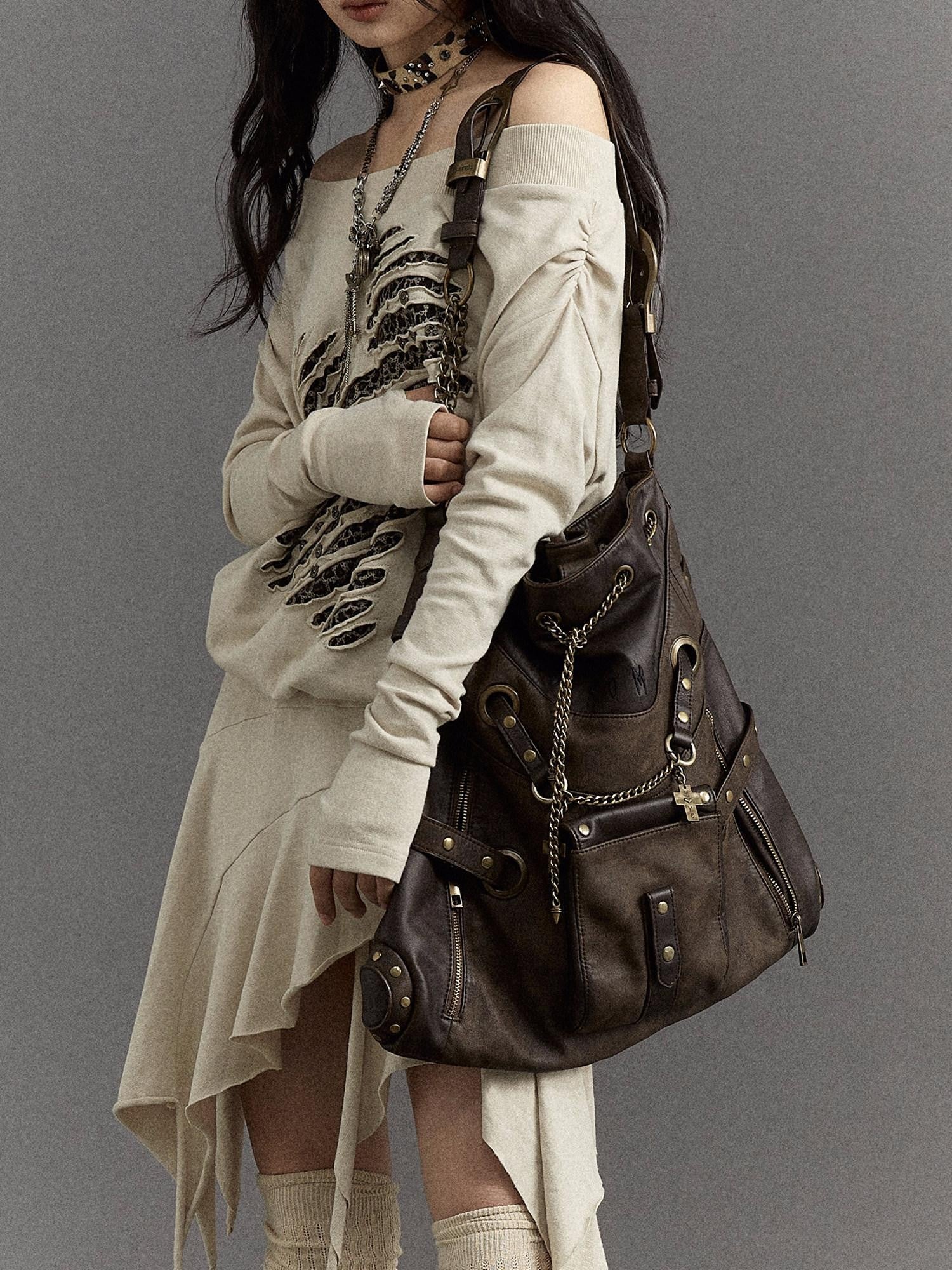 NO ROMANCE Chestnut Brown Vintage Punk Chain Studs Women'S Faux Leather Shoulder Bags