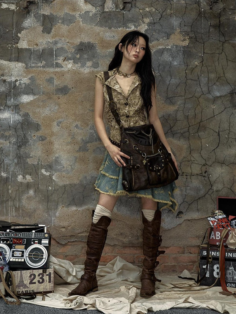NO ROMANCE Chestnut Brown Vintage Punk Chain Studs Women'S Faux Leather Shoulder Bags