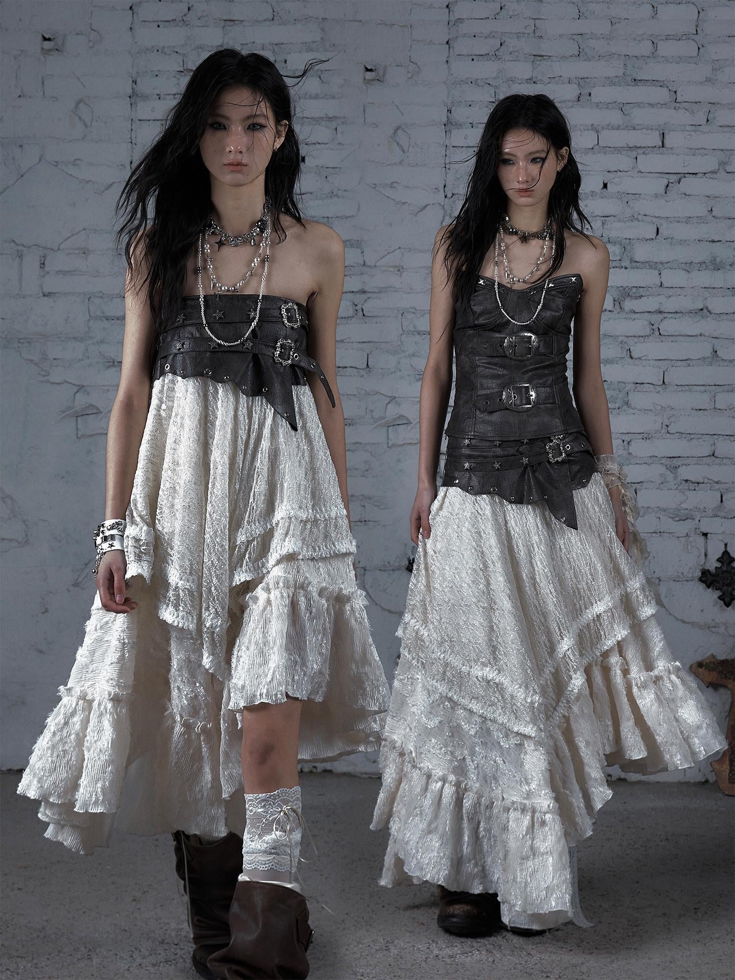 NO ROMANCE Court Punk Plaid Lace Patchwork Asymmetric Women'S Rayon Maxi Skirts