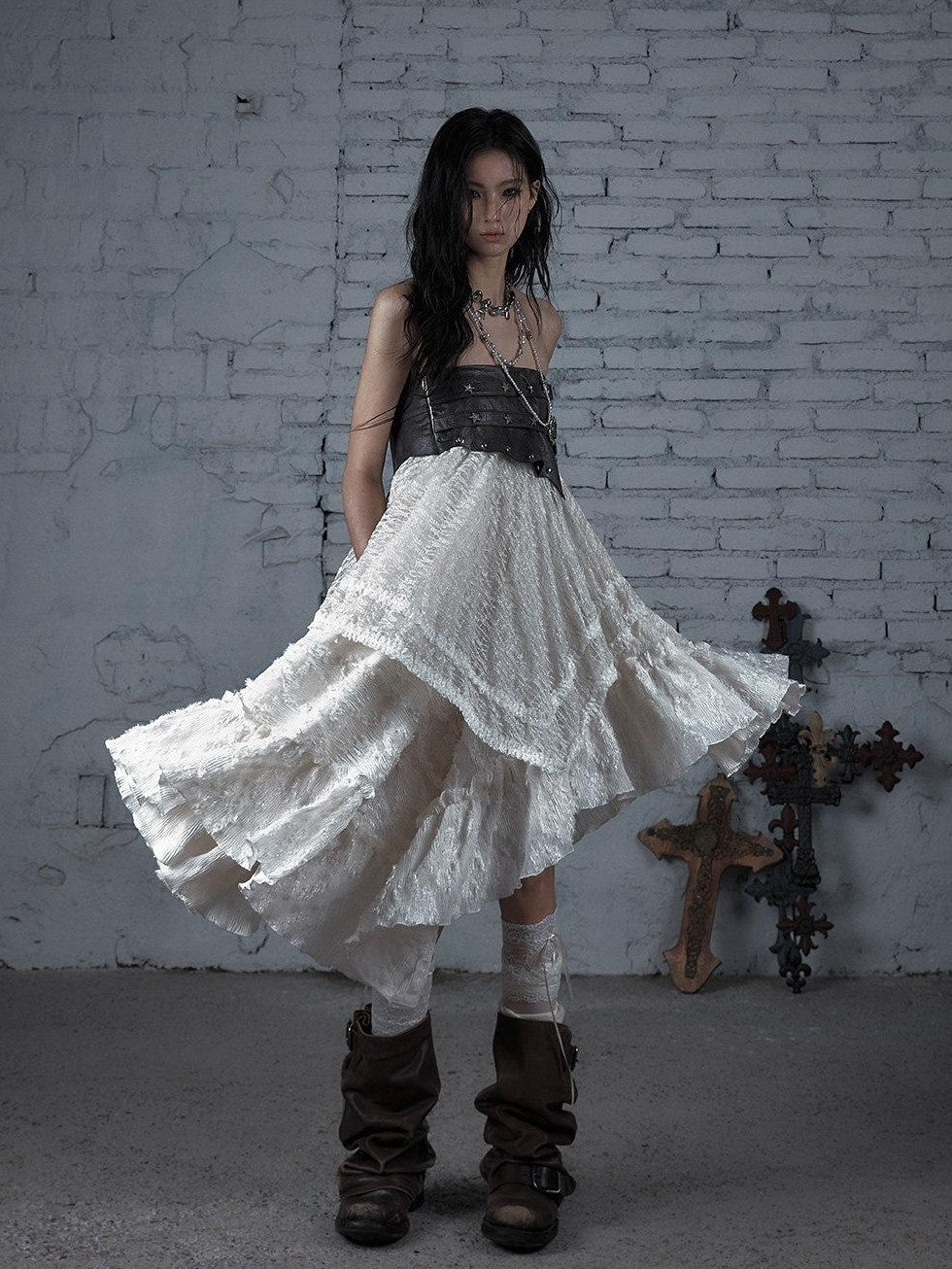 NO ROMANCE Court Punk Plaid Lace Patchwork Asymmetric Women'S Rayon Maxi Skirts