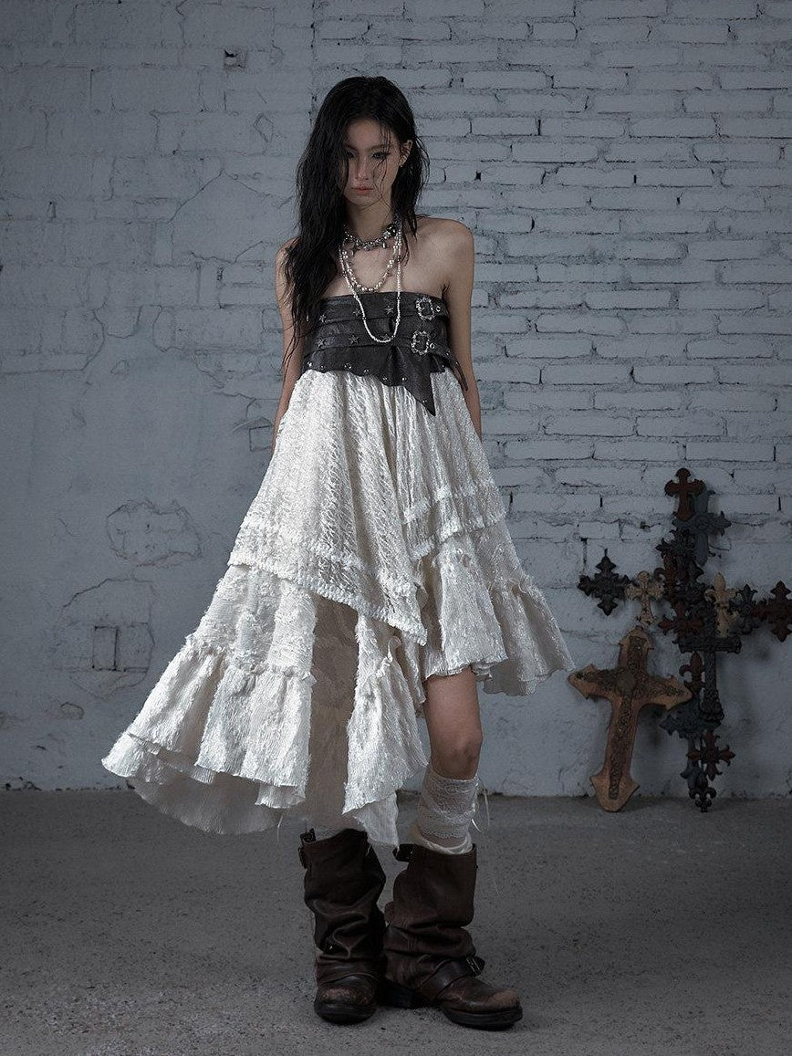 NO ROMANCE Court Punk Plaid Lace Patchwork Asymmetric Women'S Rayon Maxi Skirts
