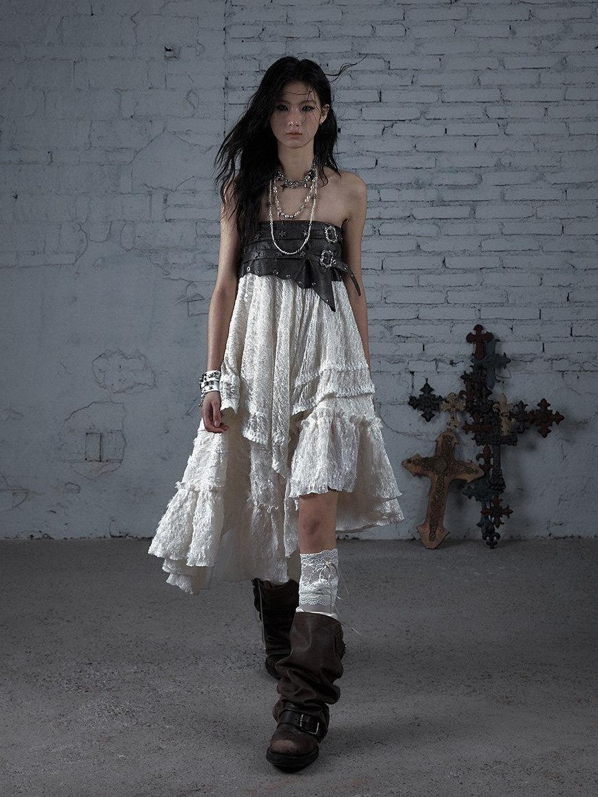NO ROMANCE Court Punk Plaid Lace Patchwork Asymmetric Women'S Rayon Maxi Skirts